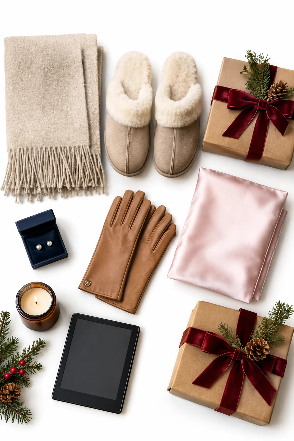 Best Christmas gifts for women over 50 arranged on cream linen: an oatmeal cashmere wrap, shearling slippers, pearl studs in a navy box, tan leather gloves, a pink silk pillowcase, an amber candle and an e-reader beside wrapped boxes