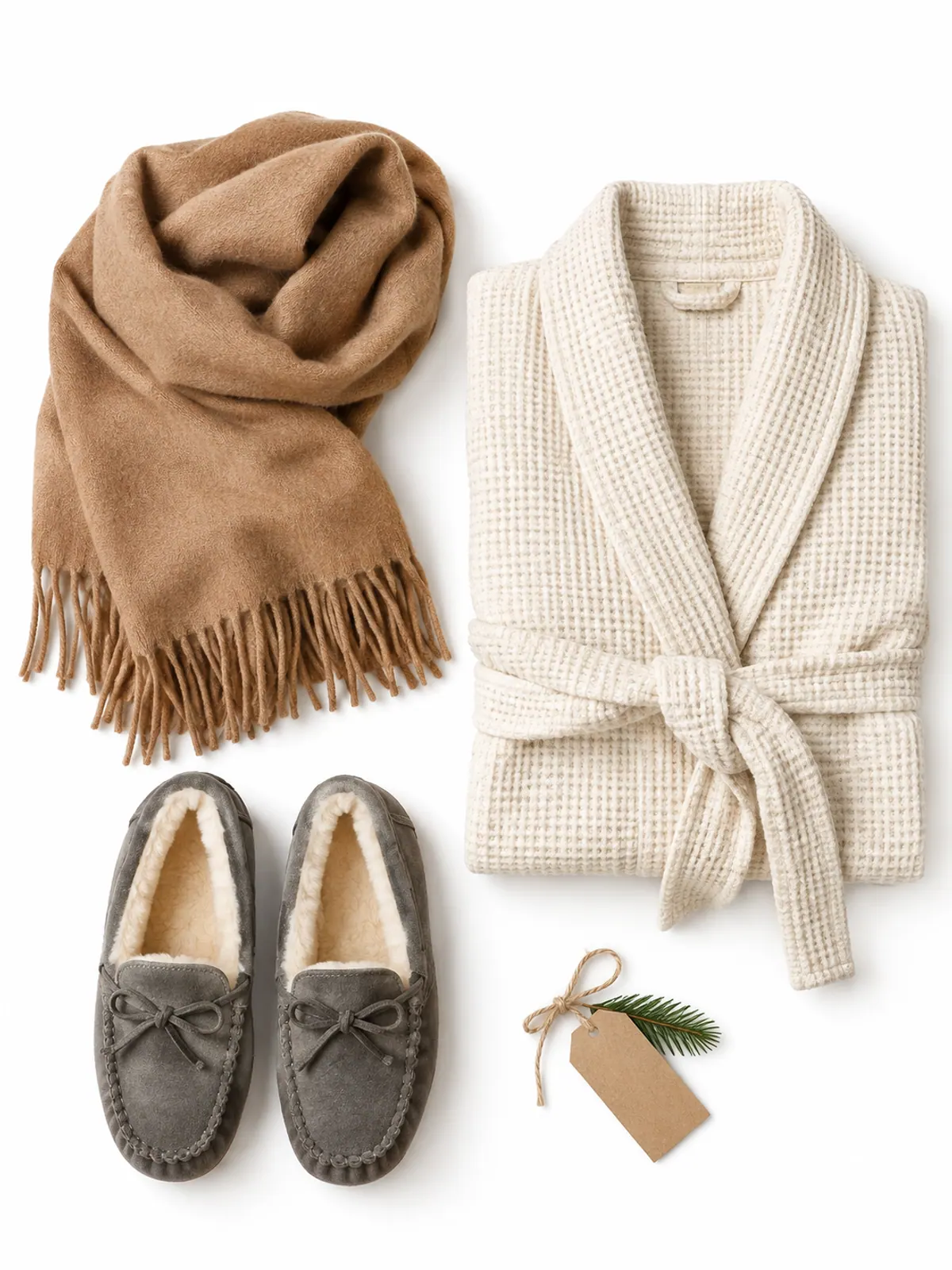 Cozy Christmas gifts for women over 50: a camel cashmere wrap scarf, grey shearling-lined slippers and a cream waffle robe on a bench at the foot of a bed