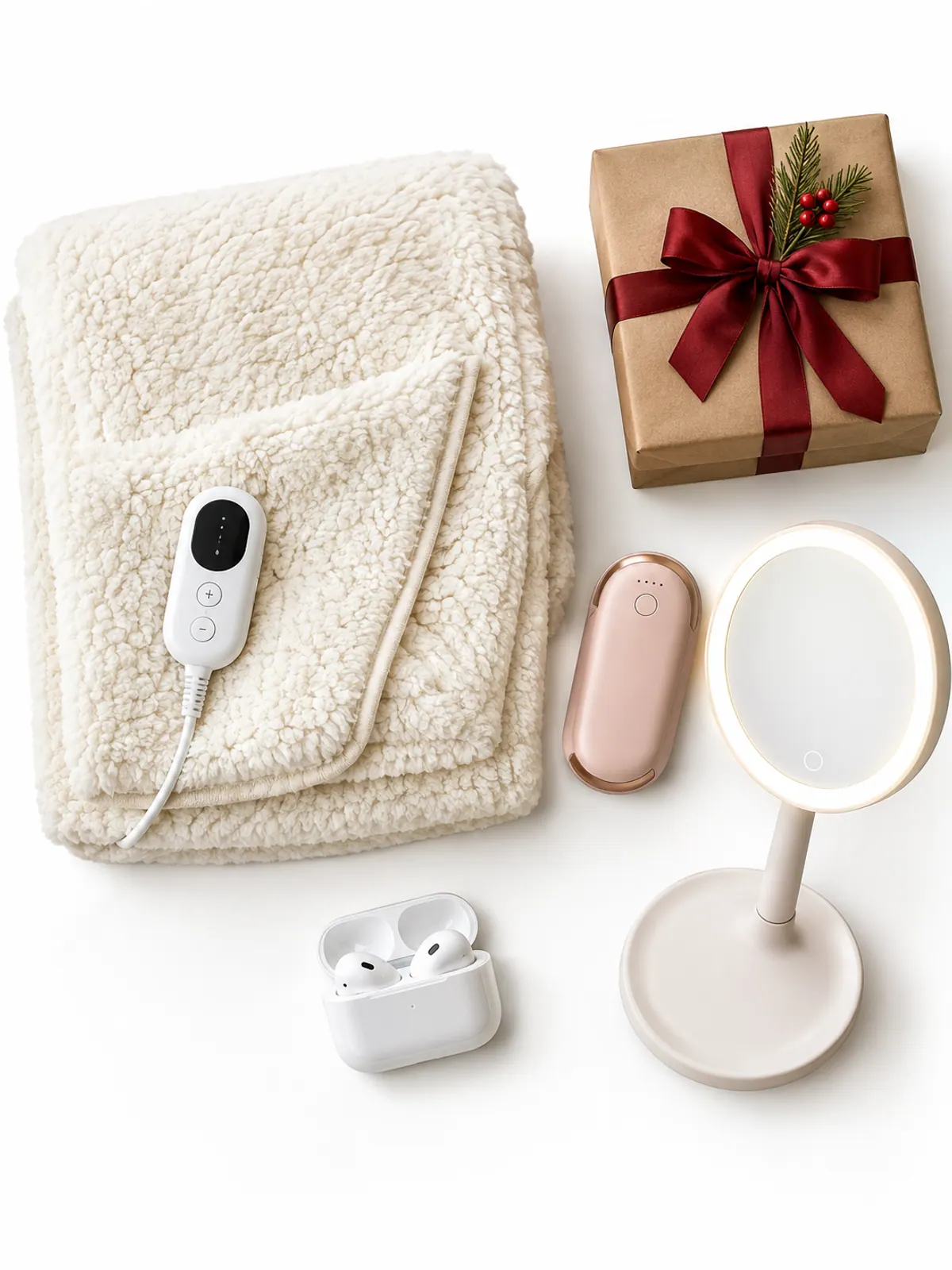 Comfort and tech Christmas gifts women over 50 can use daily: a cream sherpa heated throw, a rechargeable hand warmer, wireless earbuds and a lighted makeup mirror on a grey sofa