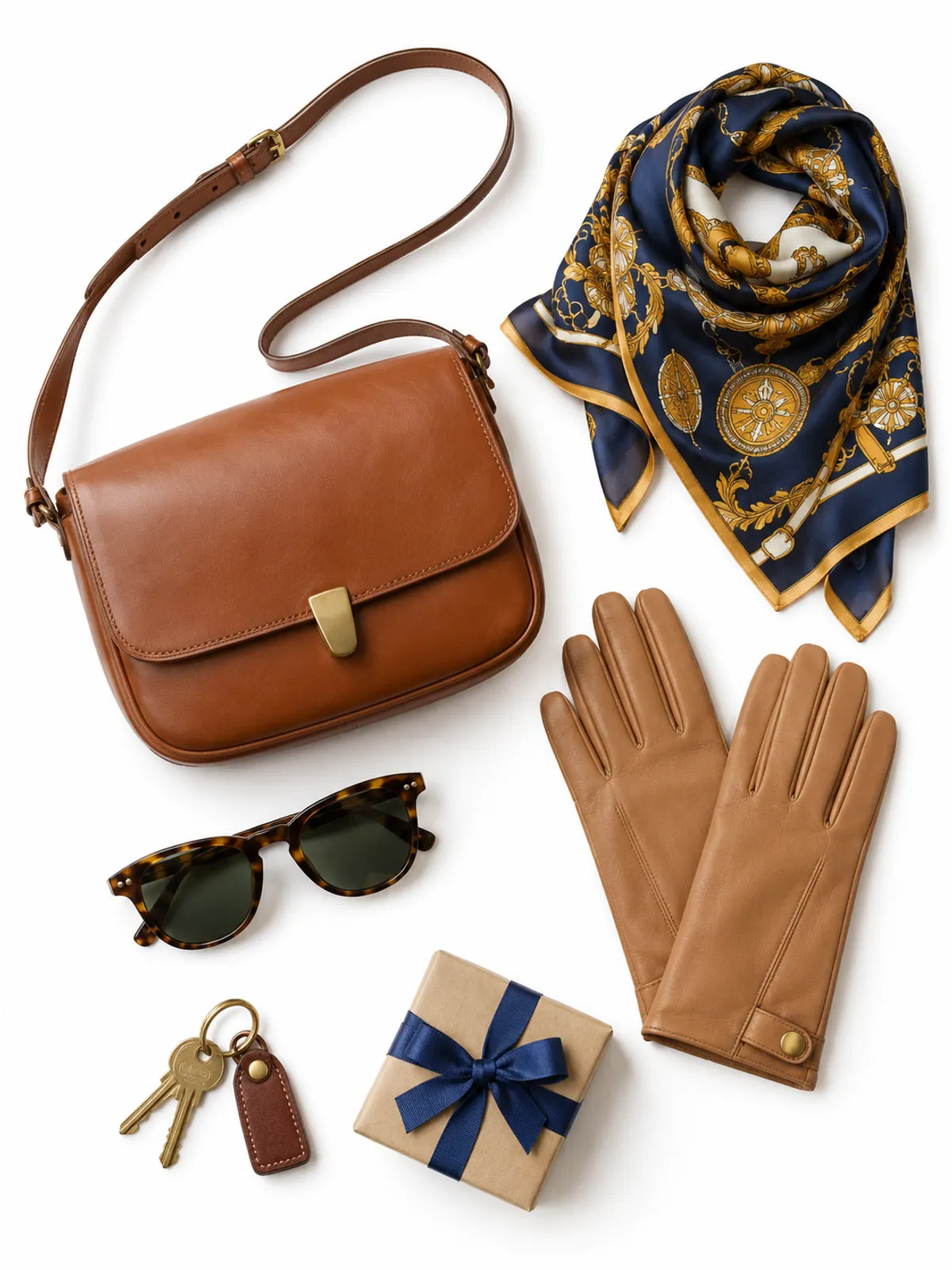 Accessory Christmas gift ideas for women over 40 and 50: a cognac crossbody bag, tan leather gloves, a navy and gold silk scarf and tortoiseshell sunglasses on an oak entry table