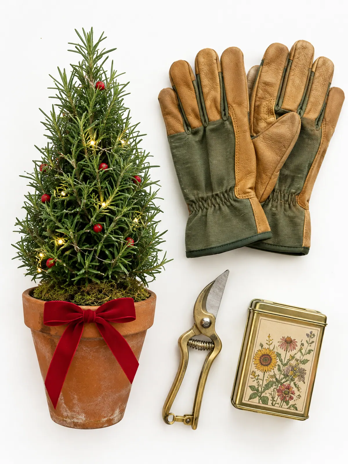 Gardener Christmas gifts for women over 50: a rosemary plant trimmed into a small Christmas tree in a terracotta pot, leather gardening gloves, a pruner and a seed tin on a sunny windowsill