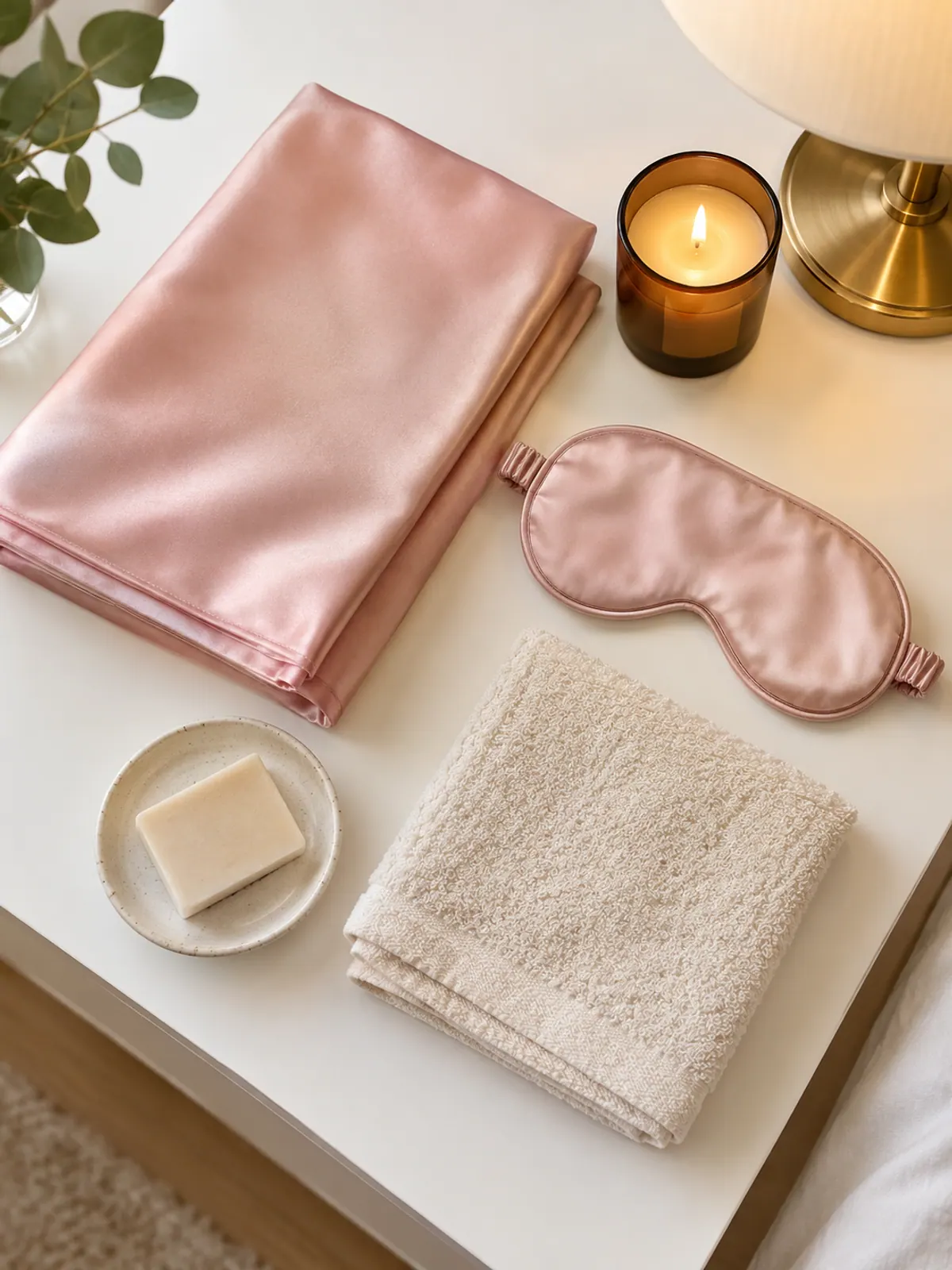 Self-care gifts for older women over 50 at Christmas: a blush silk pillowcase, a silk sleep mask, an amber candle, a bar of soap and a cream towel on a bedside table