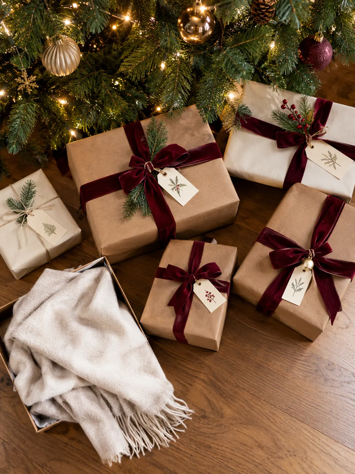 Christmas gifts for women over 50 wrapped in kraft paper and burgundy velvet ribbon under a lit Christmas tree, with a cashmere scarf peeking out of an open box