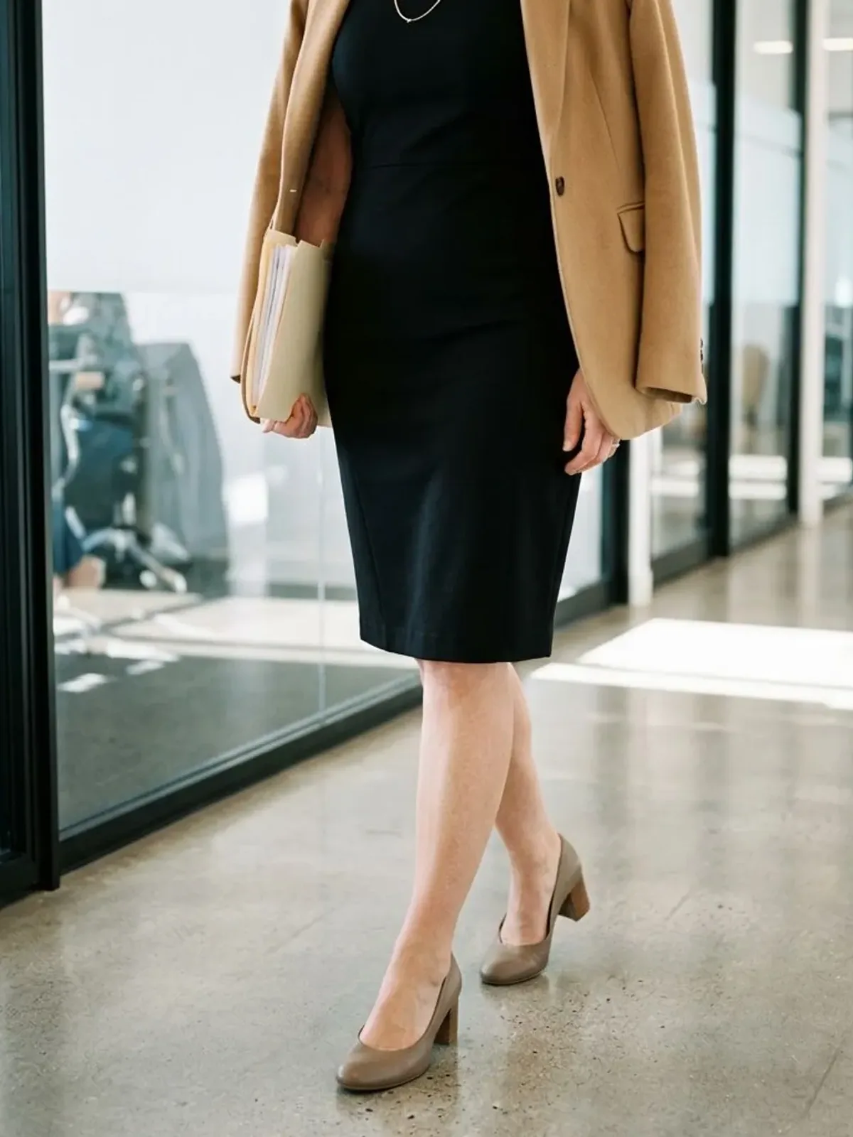 Neck-down view of a woman in her mid 50s in an office corridor wearing a black ponte sheath dress, a camel blazer over her shoulders and taupe block-heel pumps