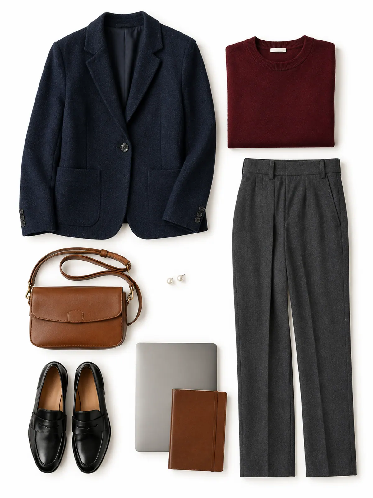 Business casual winter outfit flat lay of a navy knit blazer, burgundy merino sweater, charcoal trousers, black loafers and a cognac crossbody bag on an oak desk