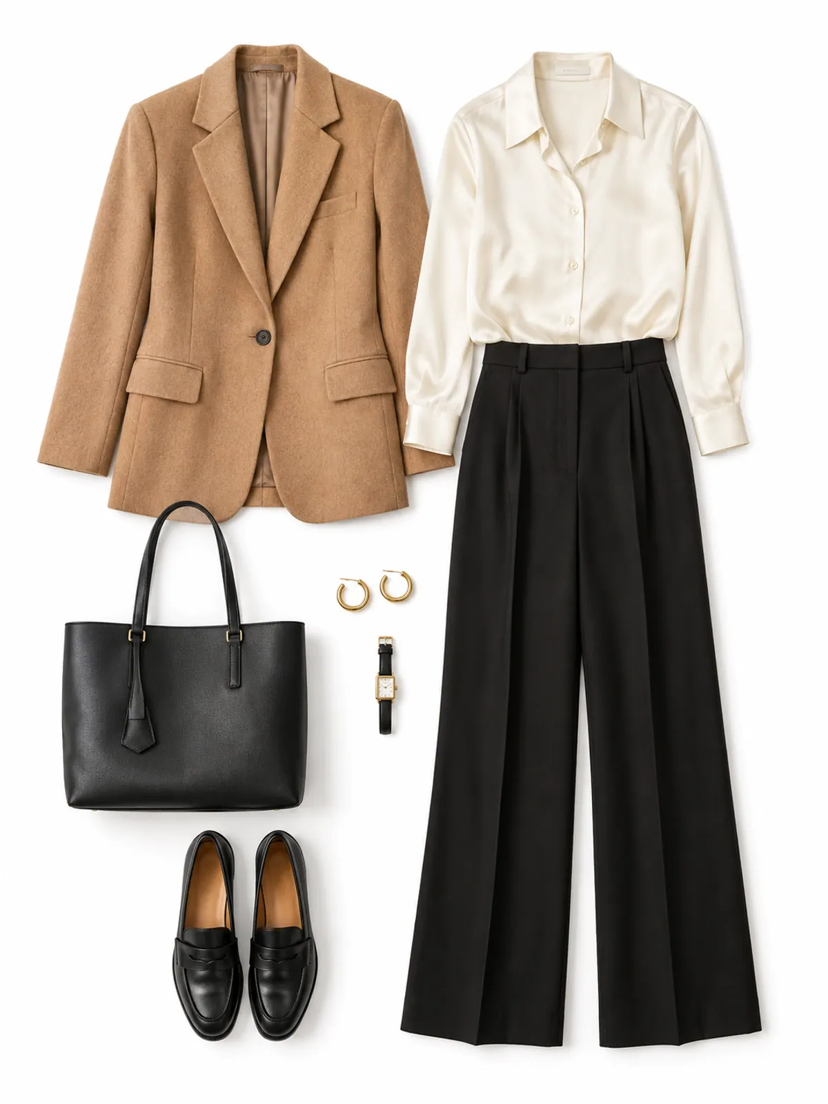 Business casual outfit flat lay with a camel blazer, cream satin blouse, black wide-leg trousers, black loafers, black tote and gold hoops on grey marble