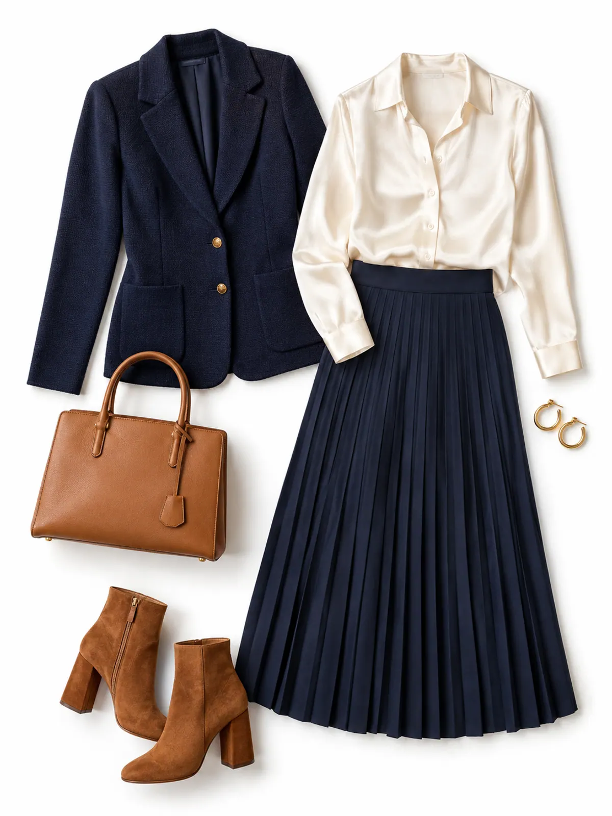 Business casual outfit flat lay with a navy pleated midi skirt, cream satin blouse, navy knit blazer, cognac ankle boots and a tan handbag on cream boucle
