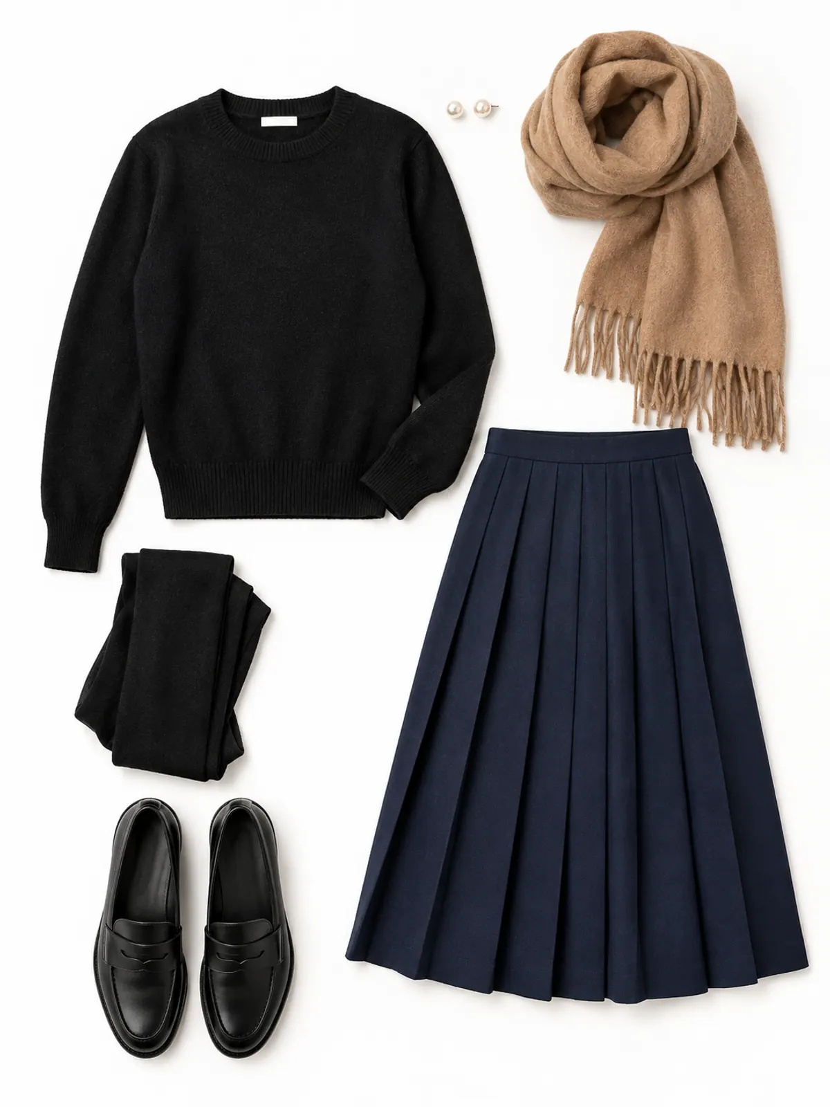 Winter work outfit flat lay of a navy pleated midi skirt, black crewneck sweater, black opaque tights, black loafers and a camel wool scarf on oak floorboards