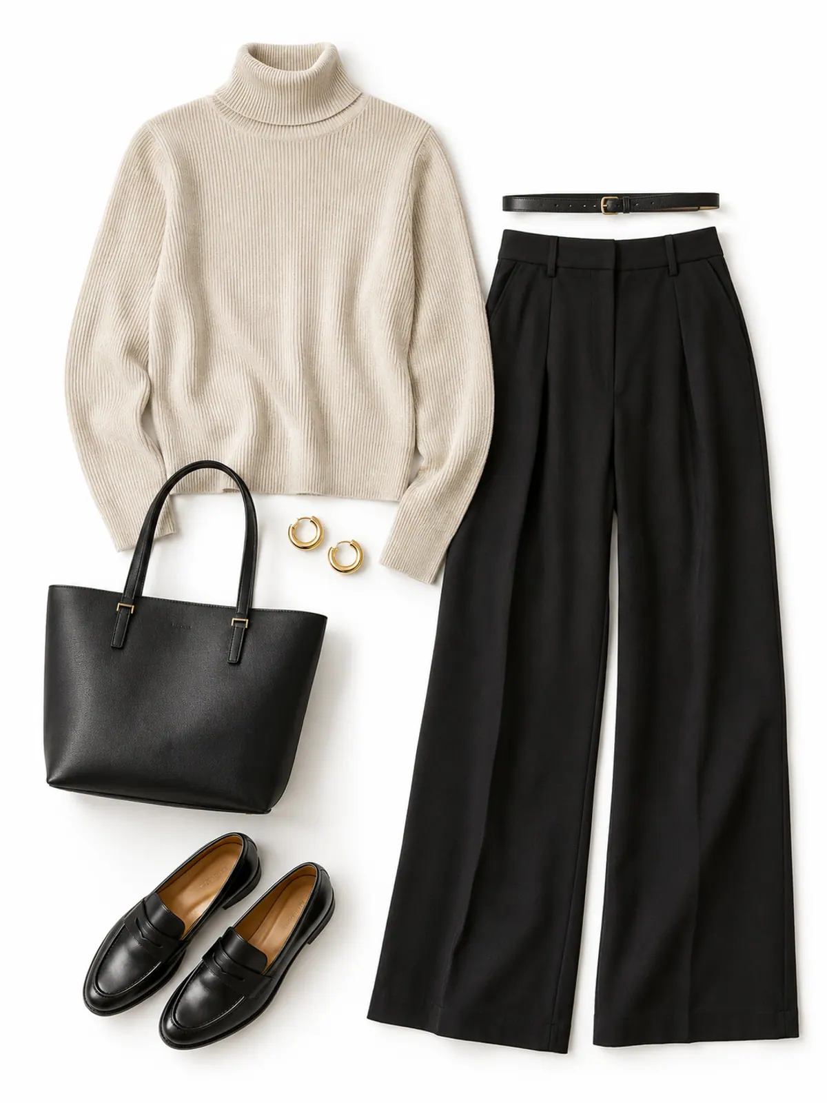 Work outfit flat lay of an oatmeal ribbed turtleneck, black wide-leg trousers, black loafers, a slim black belt and gold hoops on travertine