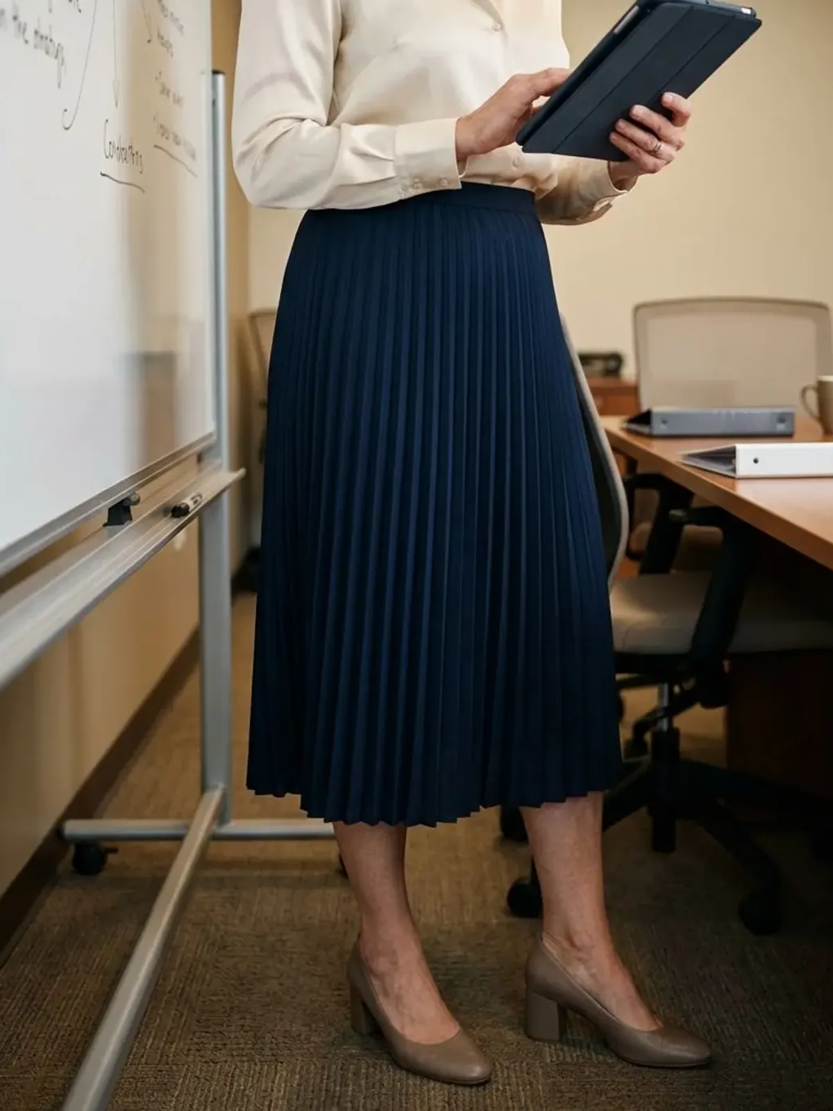 Neck-down view of a woman in her early 60s in a conference room wearing a cream satin blouse tucked into a navy pleated midi skirt while holding a tablet