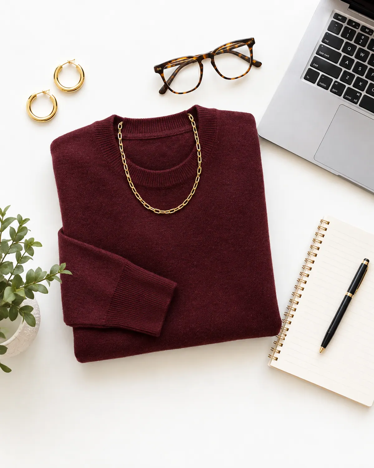 Video call business casual top half with a burgundy merino sweater, gold chain necklace, gold hoops and tortoiseshell reading glasses beside an open laptop