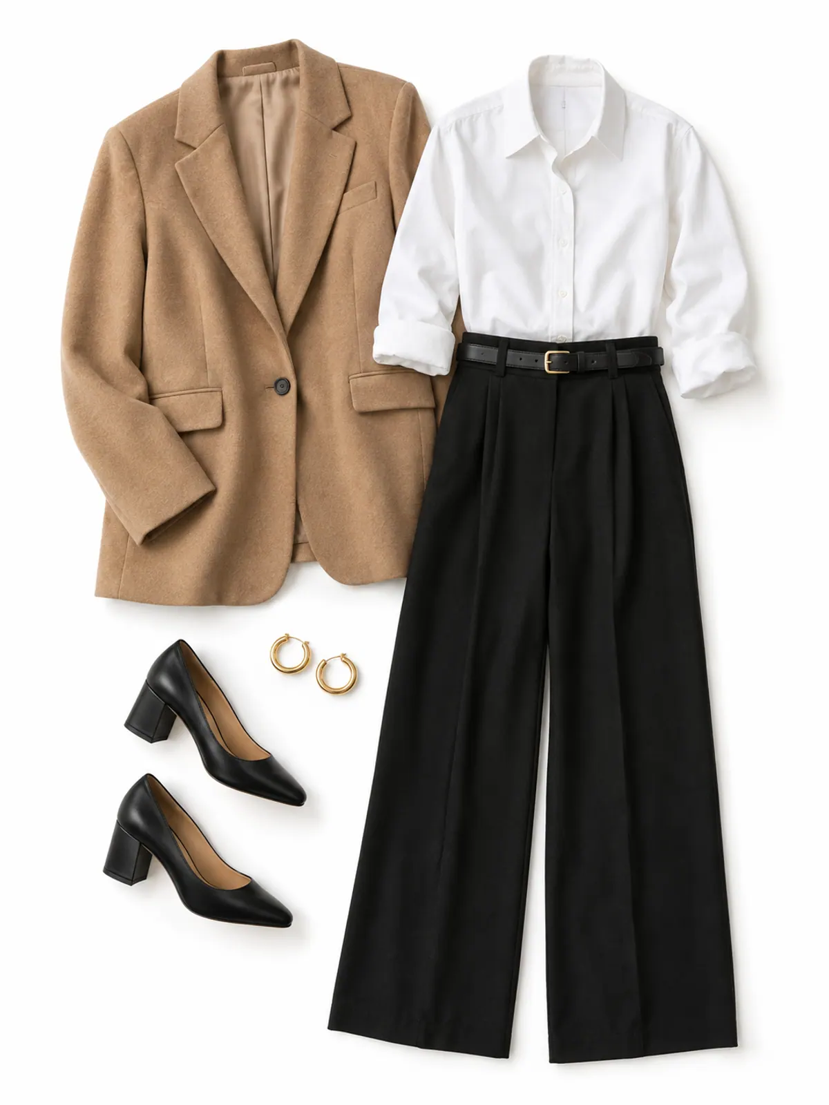 Classic business casual outfit flat lay of a white button-down shirt, black wide-leg trousers, slim black belt, black block-heel pumps and a camel blazer on grey marble