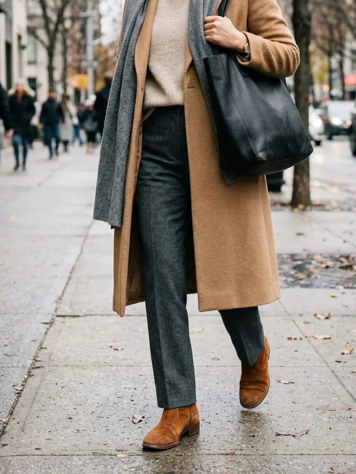 Neck-down view of a woman in her early 50s on a winter city street in a long camel coat, oatmeal turtleneck, charcoal trousers and cognac ankle boots with a grey scarf