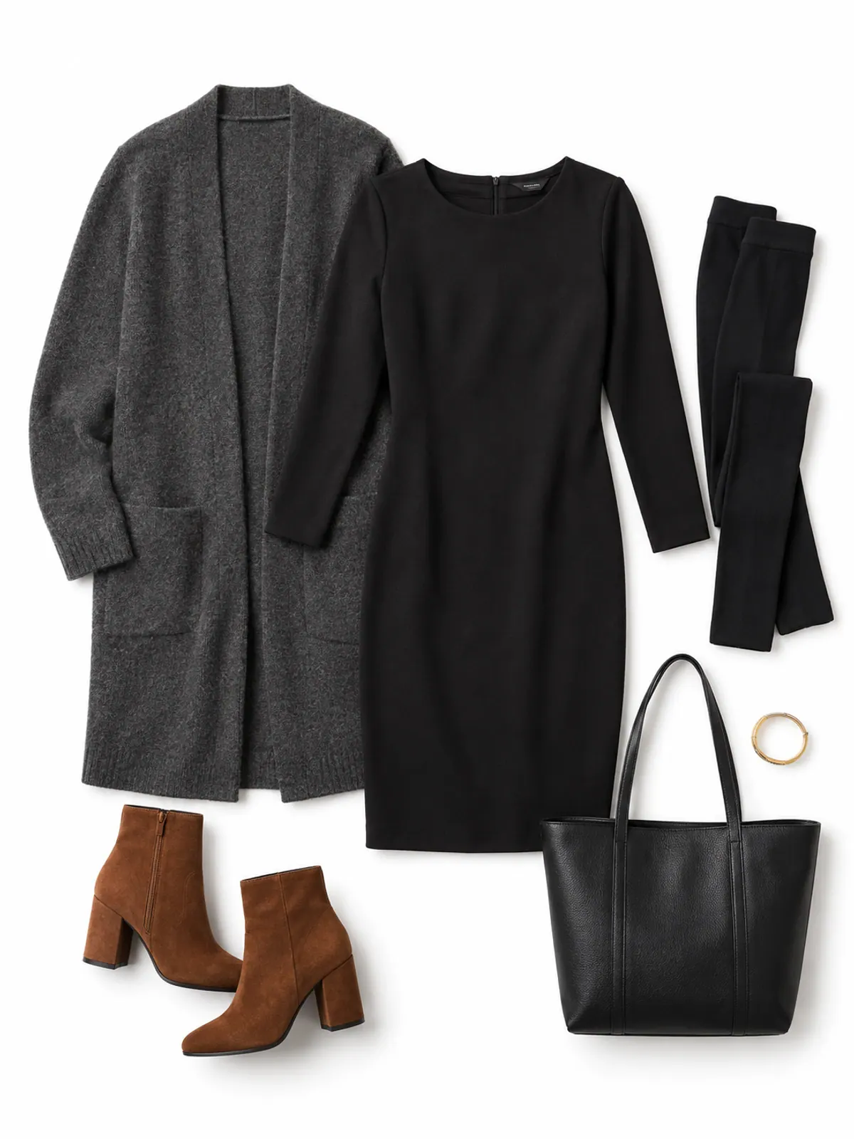 Winter business casual outfit flat lay with a black sheath dress, long charcoal cardigan, black opaque tights, cognac ankle boots and a black tote on a grey wool blanket