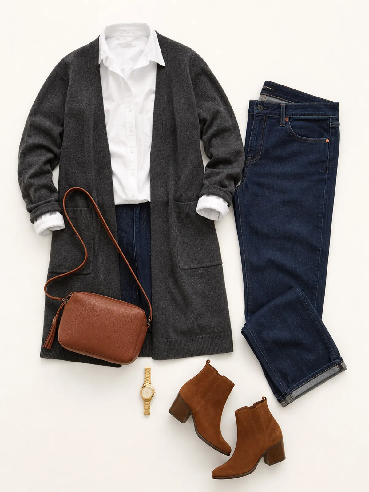Casual Friday work outfit flat lay of a long charcoal cardigan, white button-down shirt, dark straight jeans, cognac ankle boots and a cognac crossbody bag on cream linen