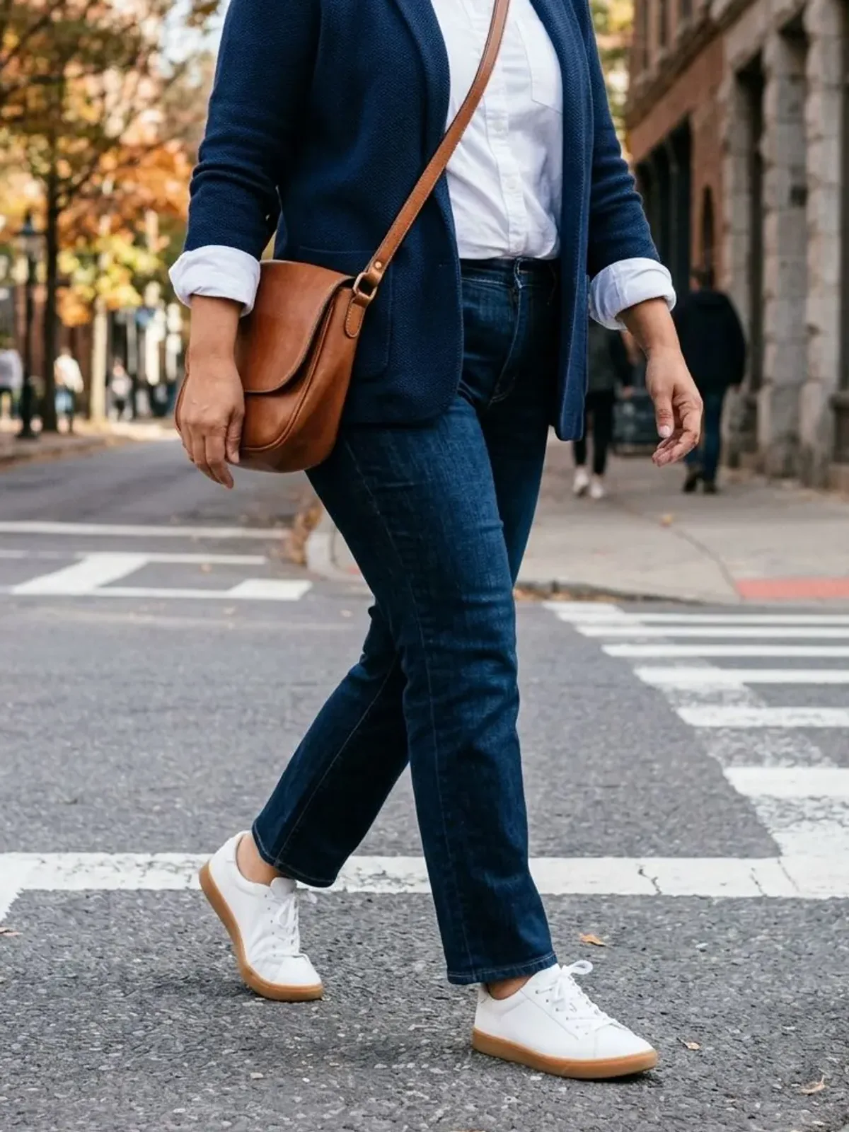 Neck-down view of a woman in her late 40s crossing a downtown street in a navy knit blazer, white shirt with pushed-up sleeves, dark jeans and white leather sneakers