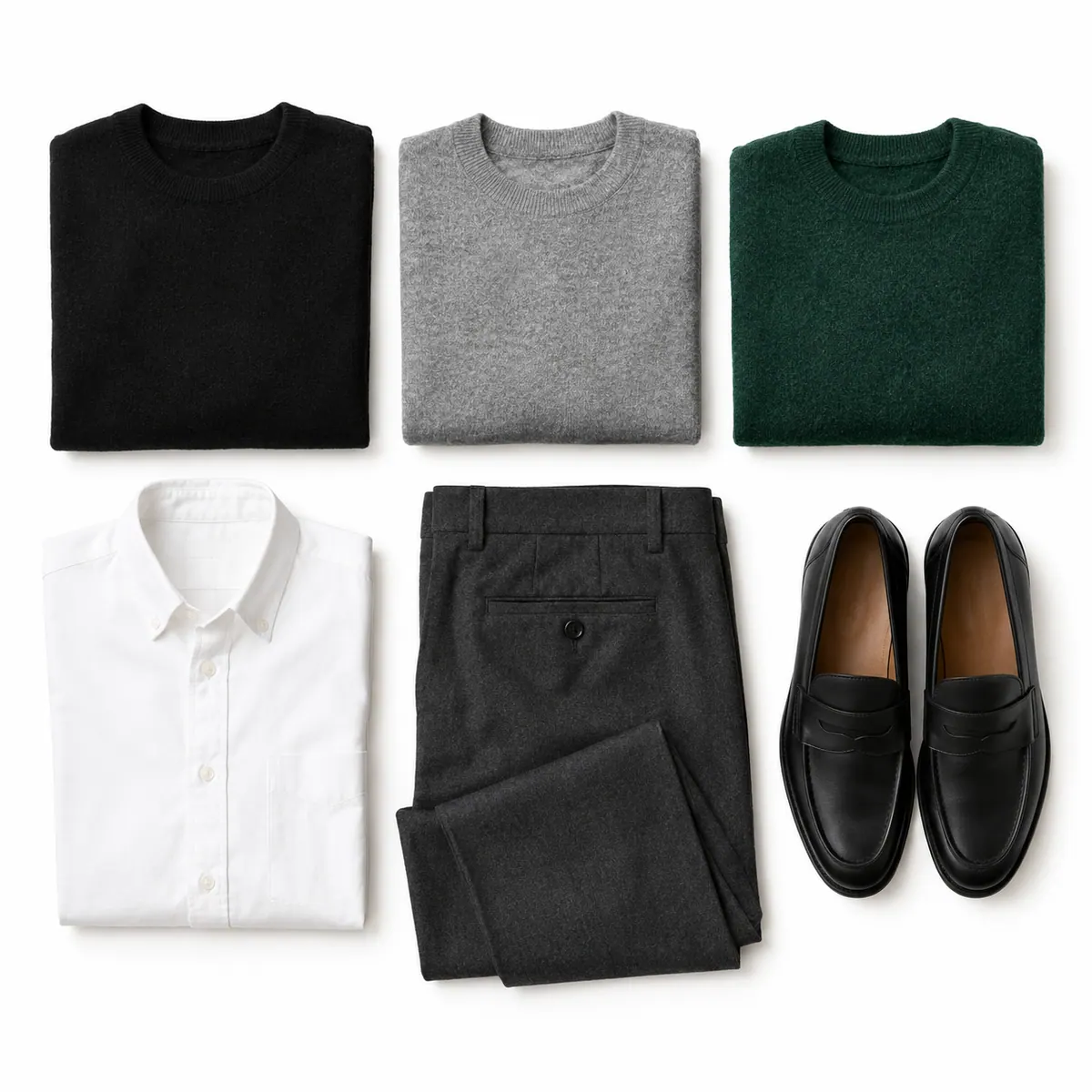 Black and grey capsule wardrobe palette: black, grey and emerald green sweaters, a white shirt, charcoal trousers and black loafers on white