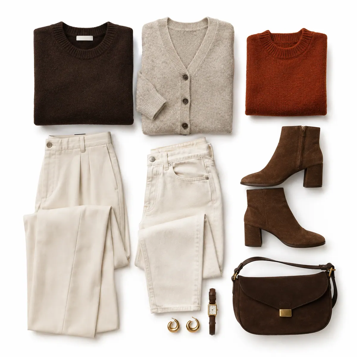 Chocolate brown and cream capsule wardrobe palette: chocolate, oatmeal and rust knits, cream trousers, ecru jeans, brown suede boots and a brown bag on white