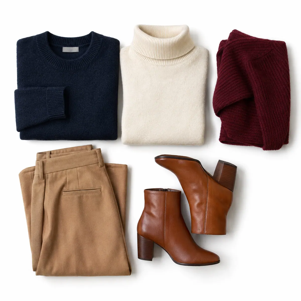 Navy and camel capsule wardrobe palette: navy crewneck, cream turtleneck, burgundy sweater, camel trousers and cognac ankle boots on white