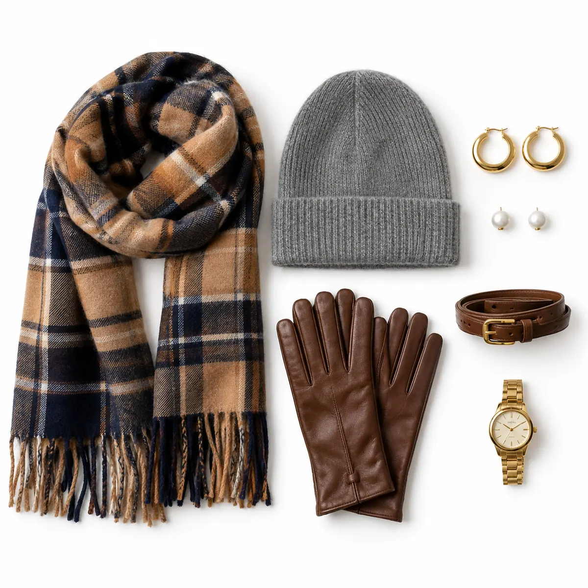 Free extras for a winter capsule wardrobe: camel and navy plaid scarf, grey beanie, brown leather gloves, gold hoops, pearl studs, a slim brown belt and a gold watch