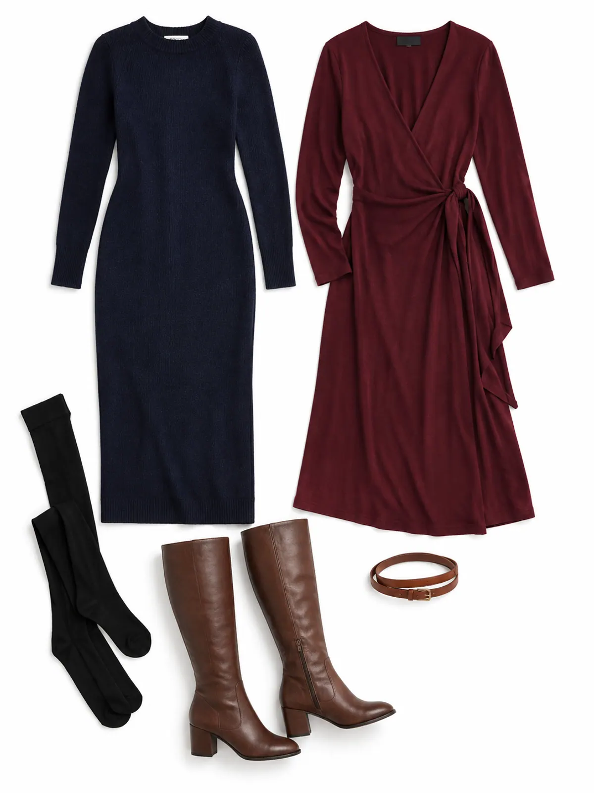 Winter capsule wardrobe dresses laid flat: a navy long-sleeve knit midi dress and a burgundy wrap midi dress with black opaque tights, brown knee boots and a thin cognac belt