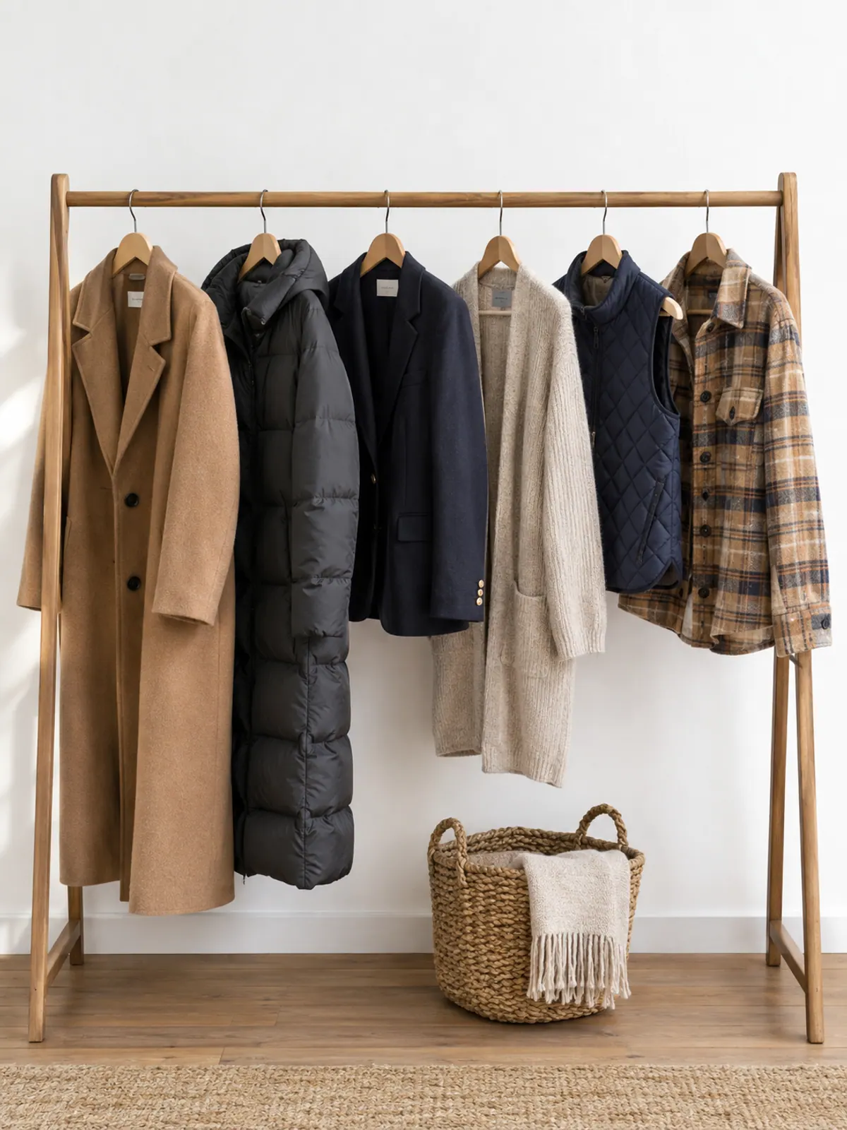 Winter capsule wardrobe layers on a wooden clothes rail: long camel wool coat, long charcoal puffer coat, navy blazer, oatmeal long cardigan, navy quilted vest and an optional plaid shirt jacket
