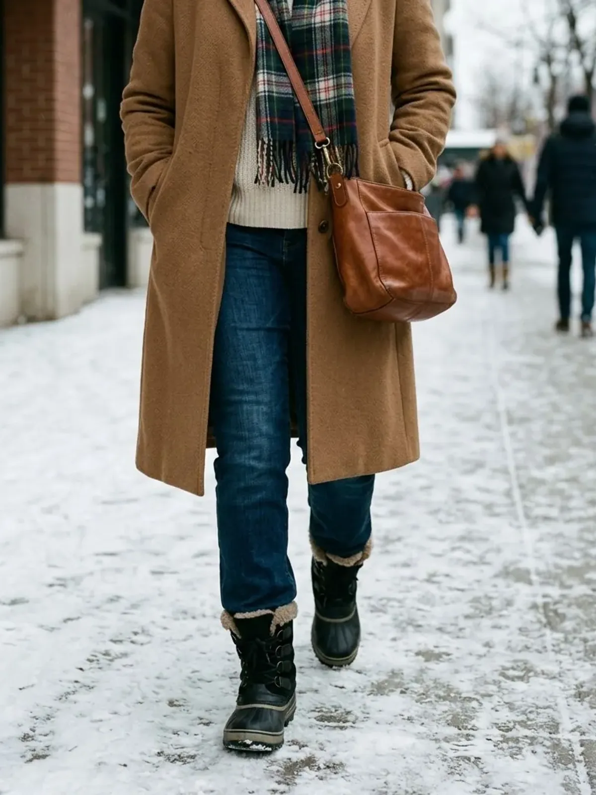 Neck-down view of a woman in her early 50s on a snowy sidewalk in a long camel coat, cream turtleneck, plaid scarf, dark straight jeans and black winter boots with a cognac crossbody bag