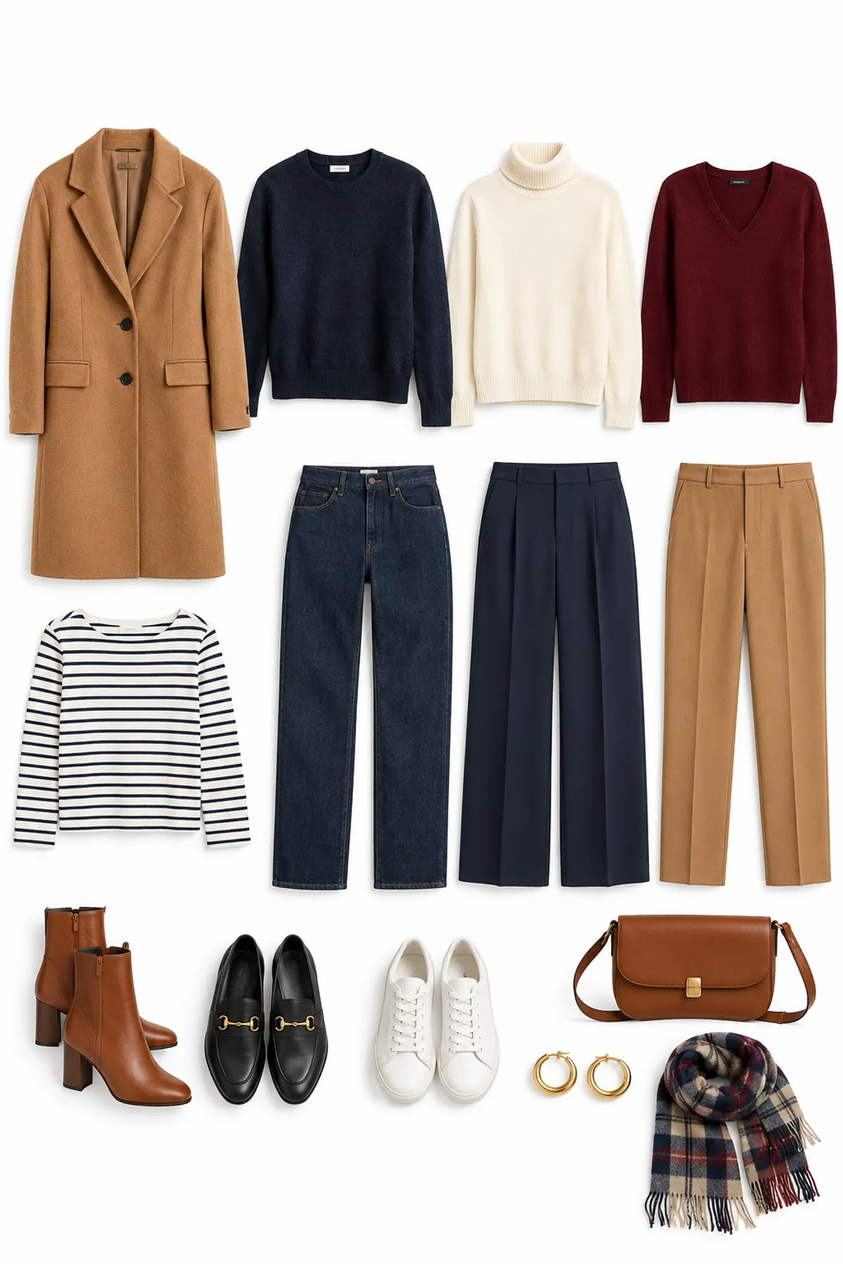 Winter capsule wardrobe for women over 40 laid out as a grid: camel wool coat, navy crewneck, cream turtleneck, burgundy V-neck, Breton top, dark jeans, navy and camel trousers, cognac ankle boots, black loafers, white sneakers, cognac crossbody bag, gold hoops and a plaid scarf
