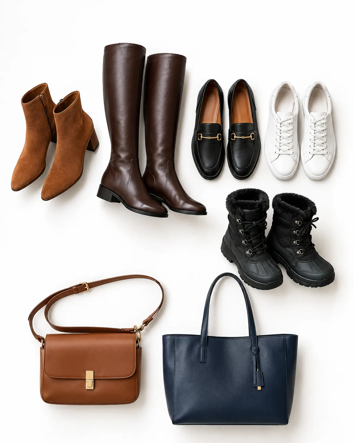 Winter capsule wardrobe shoes and bags: cognac suede ankle boots, dark brown knee boots, black loafers, white leather sneakers, black lined winter boots, a cognac crossbody bag and a navy tote