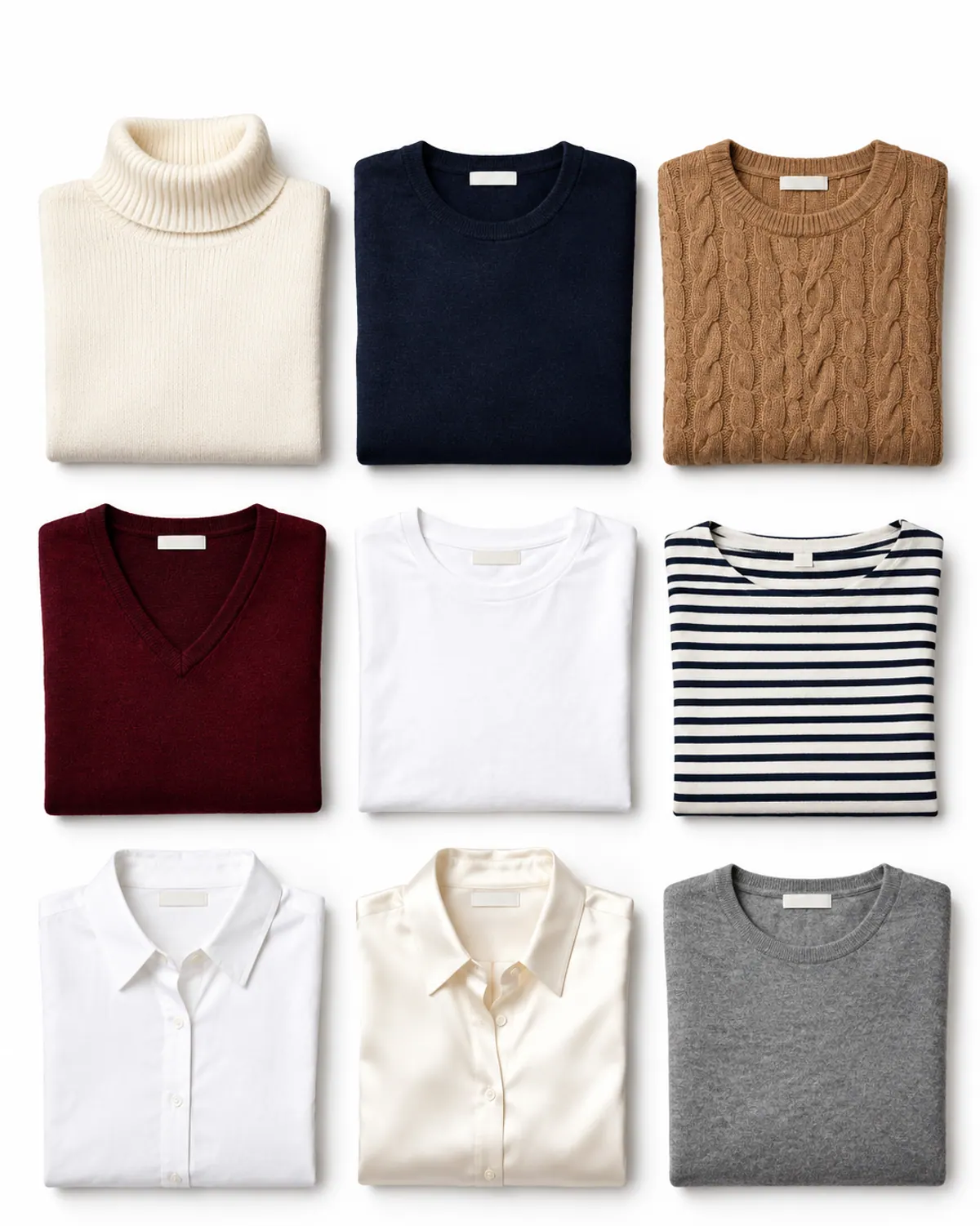 Nine winter capsule wardrobe tops folded in a grid: cream turtleneck, navy crewneck, camel cable knit, burgundy V-neck, white tee, Breton top, white shirt, ivory blouse and grey crewneck
