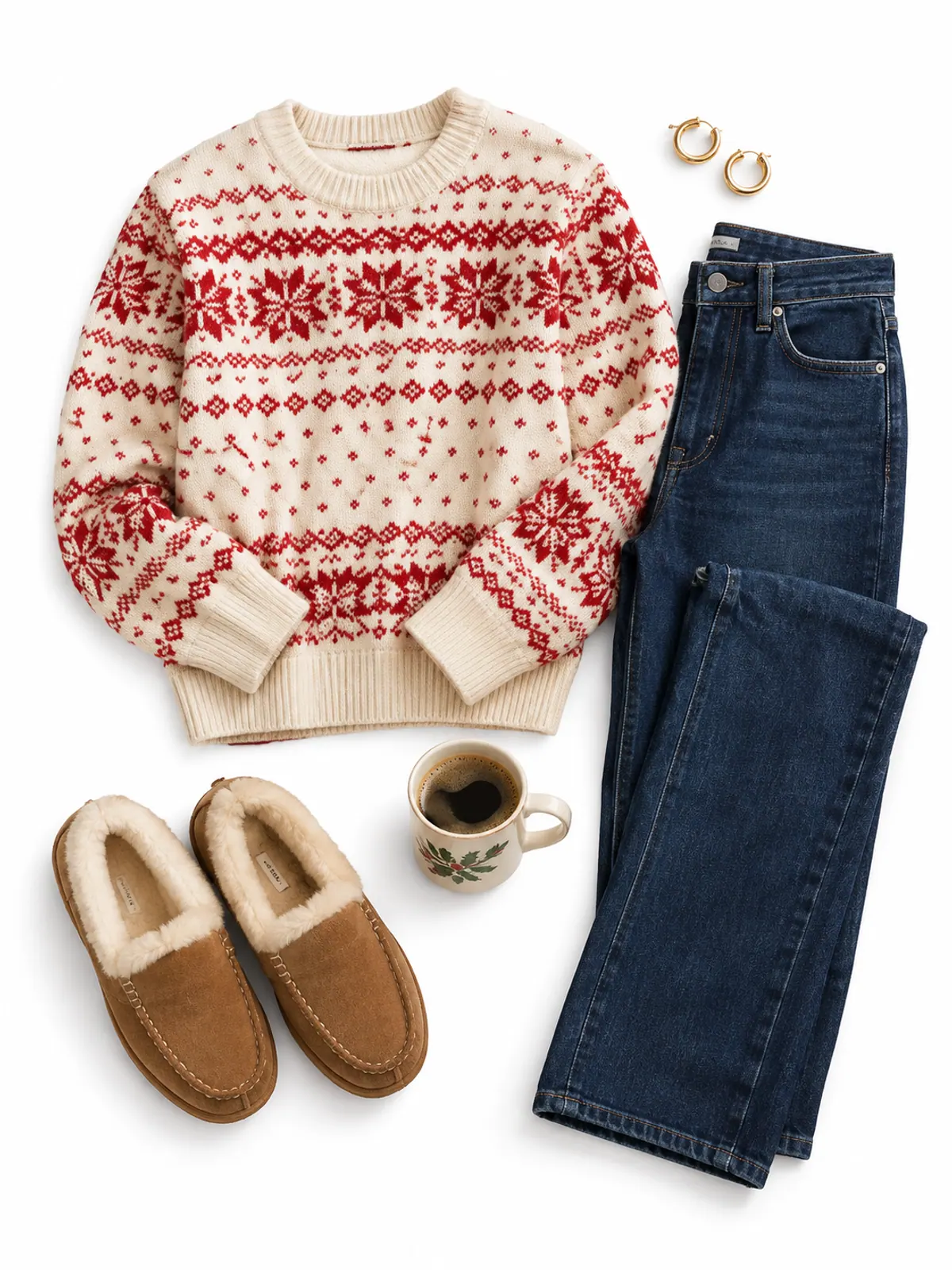 Casual Christmas outfit with a cream and red Fair Isle sweater, dark straight jeans, shearling slippers and gold hoops on an oak floor by a lit Christmas tree