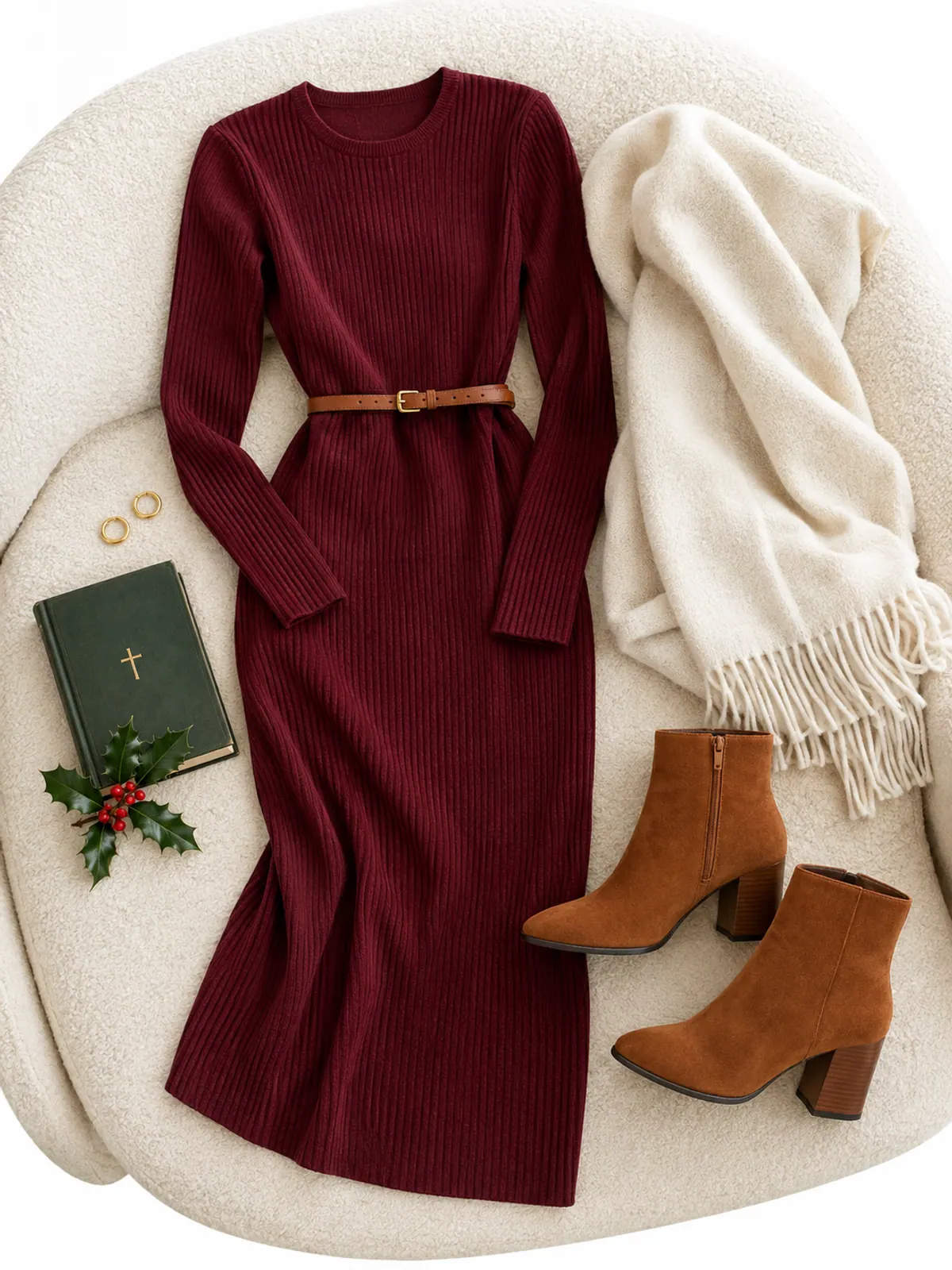 Christmas church outfit of a long-sleeve burgundy rib-knit midi dress, a thin cognac belt, cognac suede ankle boots, a cream wrap and gold hoops on a boucle armchair beside a hymn book and holly
