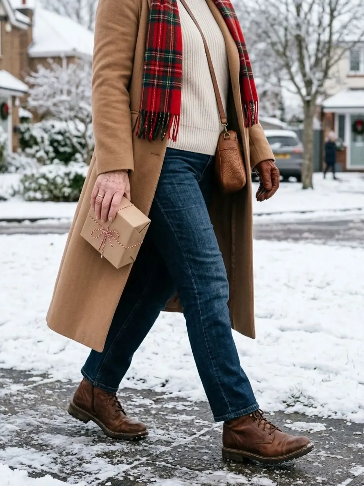 Neck-down view of a woman in her 50s on a snowy sidewalk in a long camel coat, cream turtleneck, dark jeans, brown lug-sole boots and a red and green plaid scarf, holding a small gift