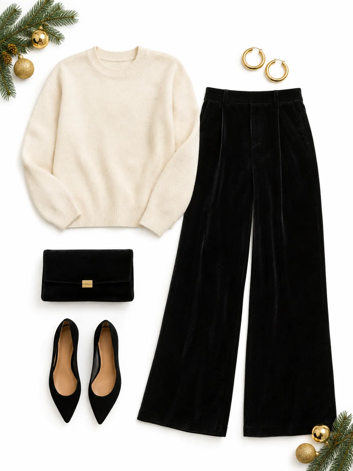 Christmas dinner outfit of black velvet wide-leg trousers, a cream cashmere sweater, gold hoops, black suede pointed flats and a black velvet clutch on grey marble with gold ornaments