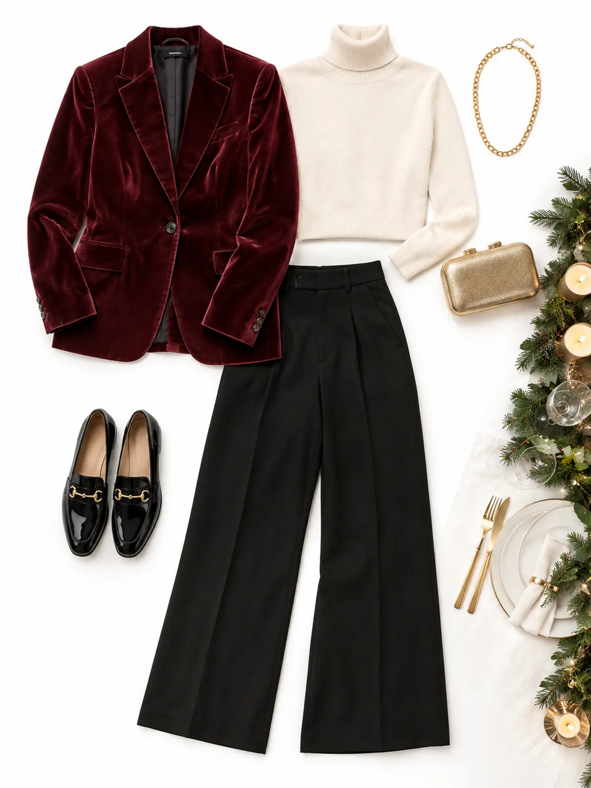 Christmas dinner outfit of a burgundy velvet blazer, cream turtleneck, black wide-leg trousers, black patent loafers, a gold chain and a gold clutch on a white tablecloth by a set table