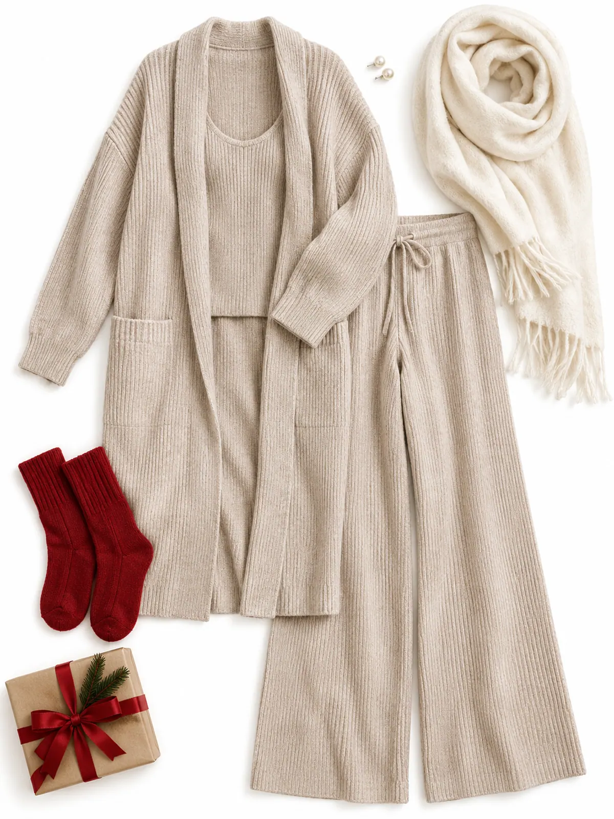 Christmas morning lounge outfit of an oatmeal ribbed knit set with a long cardigan, wide-leg knit pants, red socks and a cream shawl on a white bed with a red plaid throw