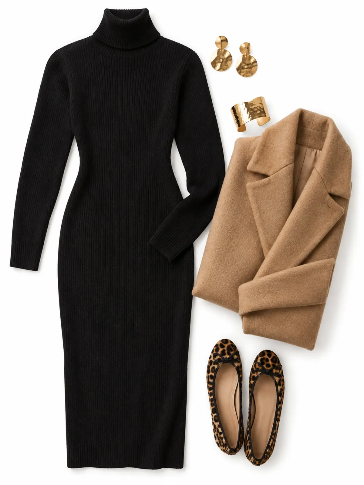 Black and gold Christmas outfit of a black knit turtleneck midi dress, leopard calf-hair flats, gold statement earrings, a gold cuff and a folded camel coat on a green velvet cushion