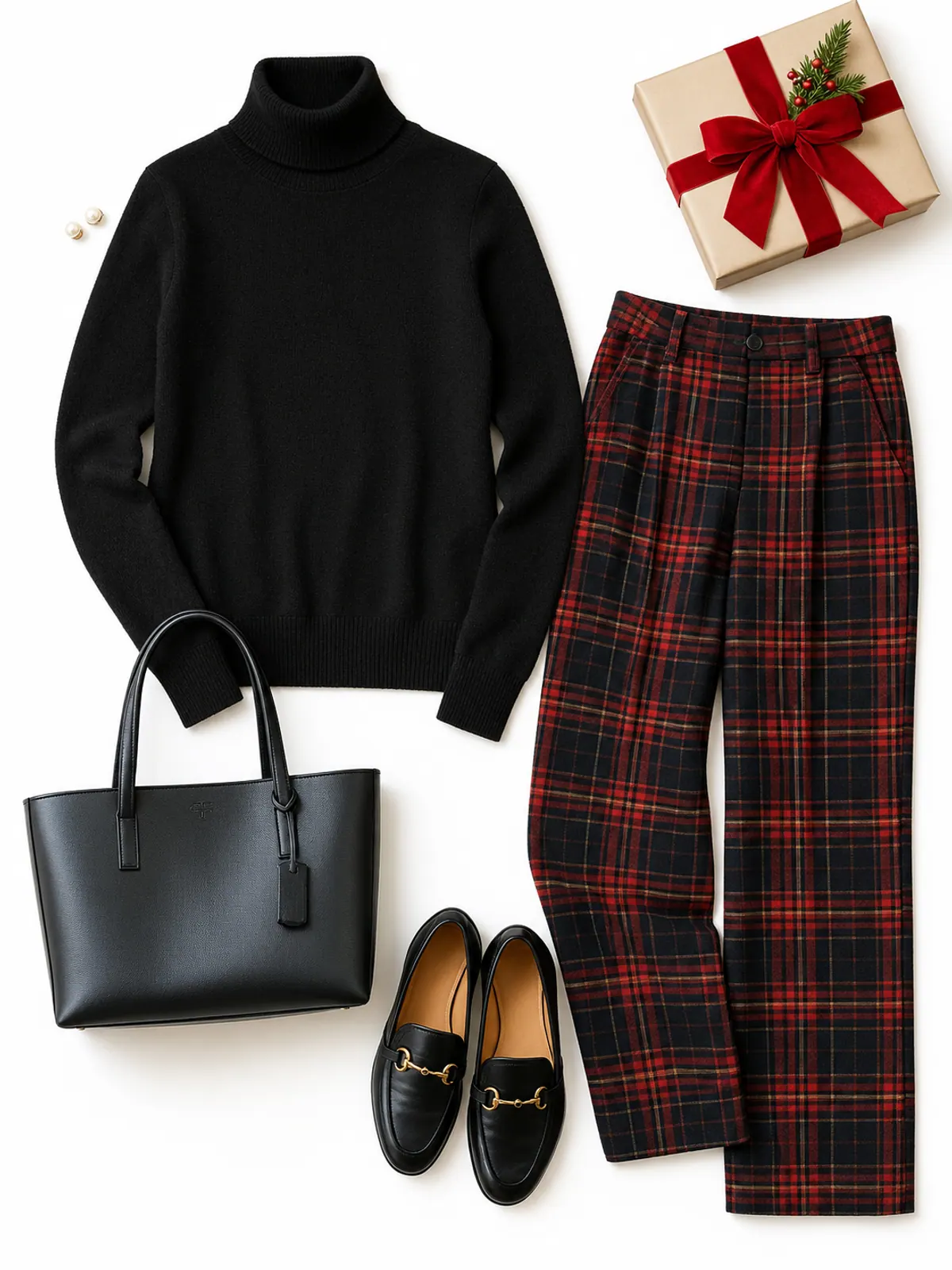 Festive Christmas outfit of black and red plaid straight trousers, a black turtleneck, black horsebit loafers, a black tote and pearl studs on a cream rug next to a red-ribboned gift