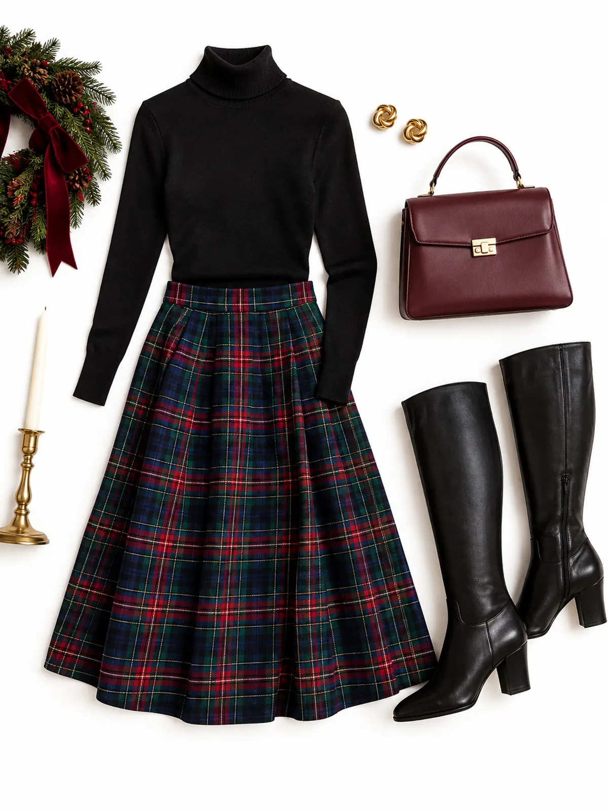 Christmas Eve outfit of a red, green and navy tartan midi skirt, black turtleneck, black knee-high boots, gold knot earrings and a burgundy handbag on walnut floorboards by a wreath