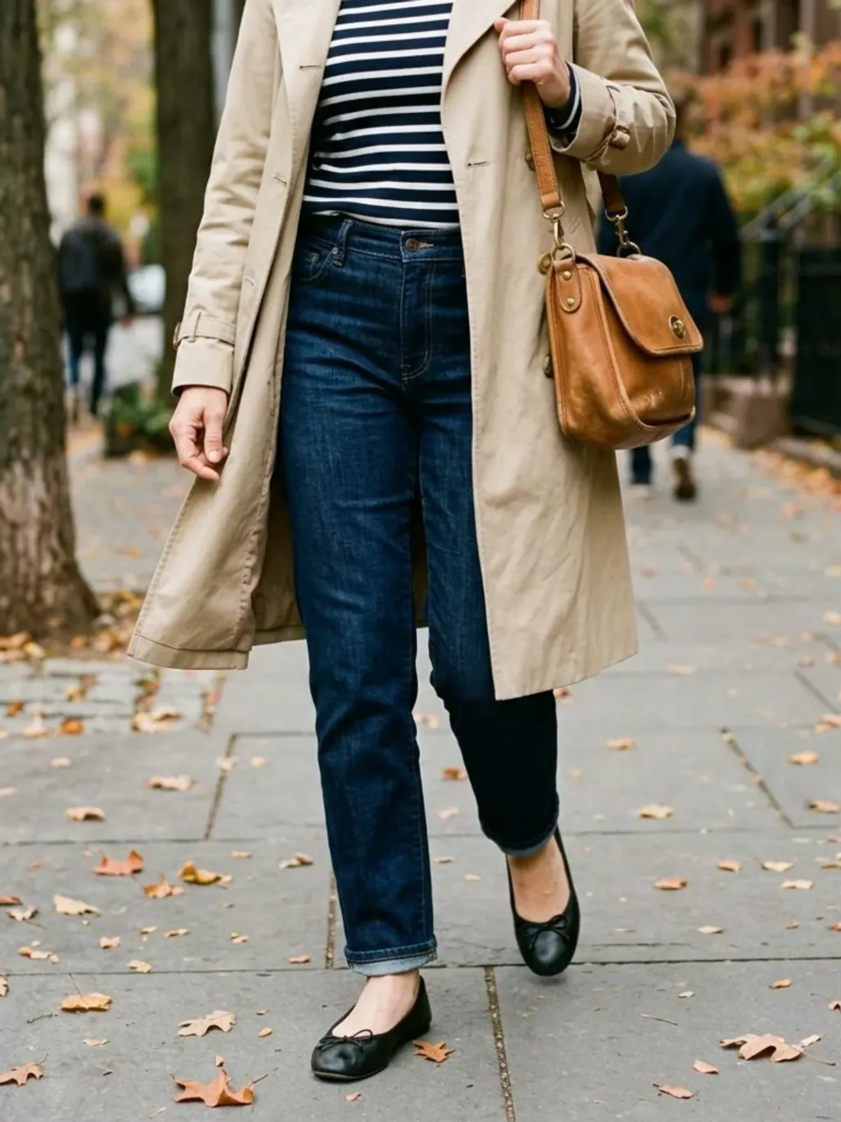 Neck-down view of a woman in her early 50s on a leafy sidewalk in a beige trench coat over a navy striped Breton top with dark straight jeans and black ballet flats