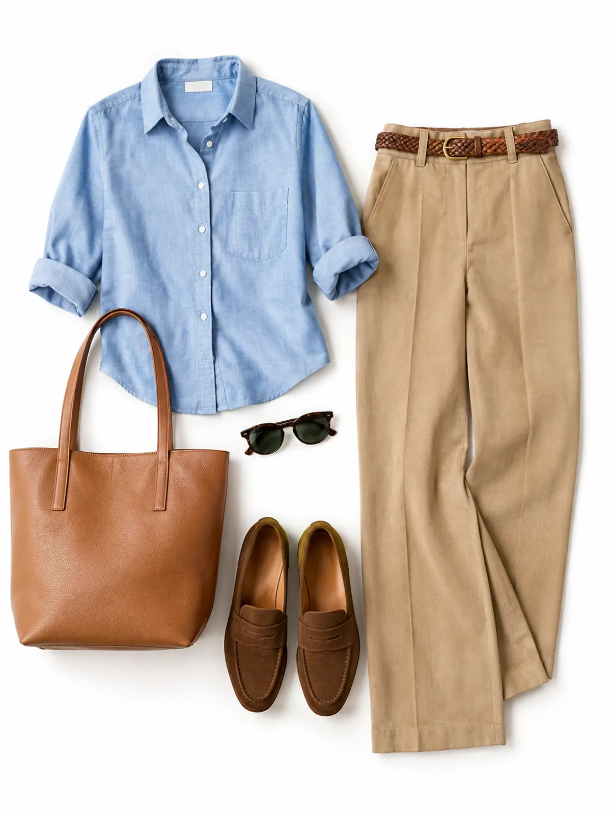Classy casual weekend outfit flat lay of a light blue chambray shirt, camel straight trousers, brown suede loafers, a tan woven belt and a tan leather tote on pale oak