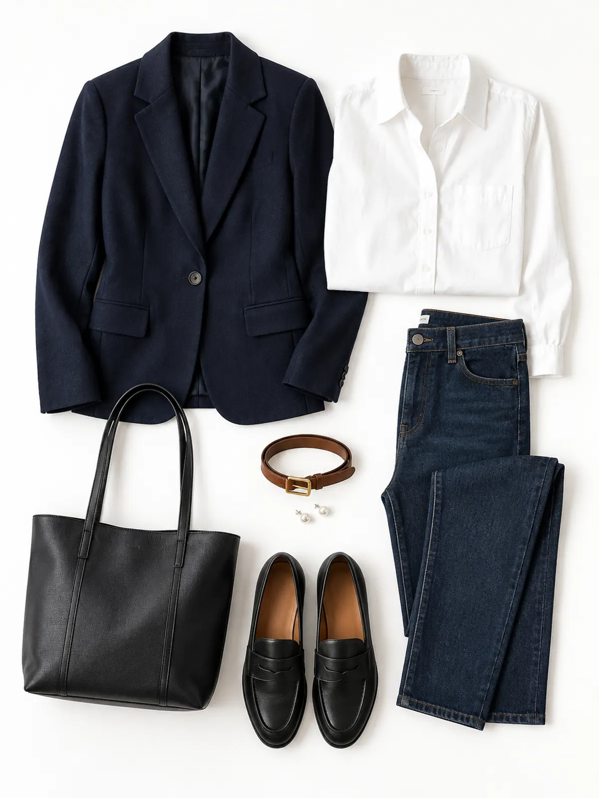Classy casual outfit flat lay of a white button-down shirt, navy blazer, dark straight jeans, black penny loafers, a black tote and pearl studs on grey marble