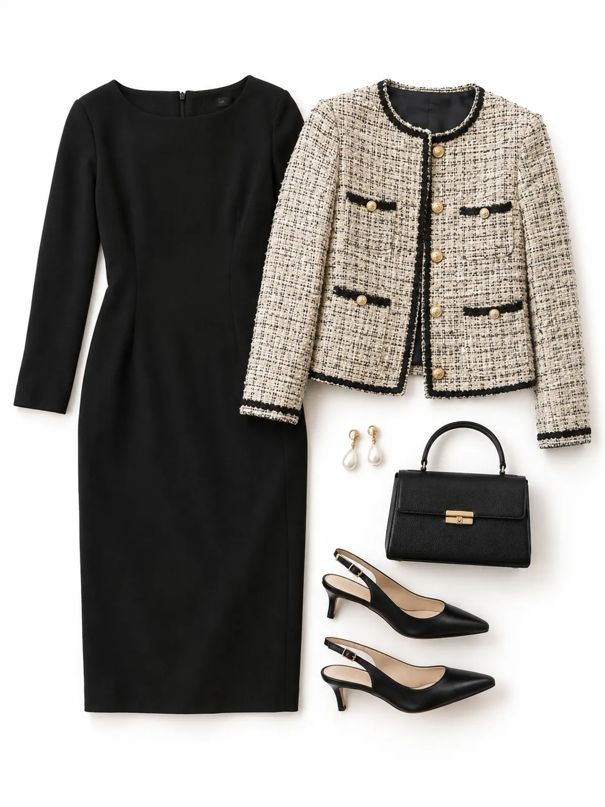 Classy dinner outfit flat lay of a black long-sleeve sheath dress, a cream and black tweed jacket with gold buttons, black slingbacks and pearl drop earrings on white marble