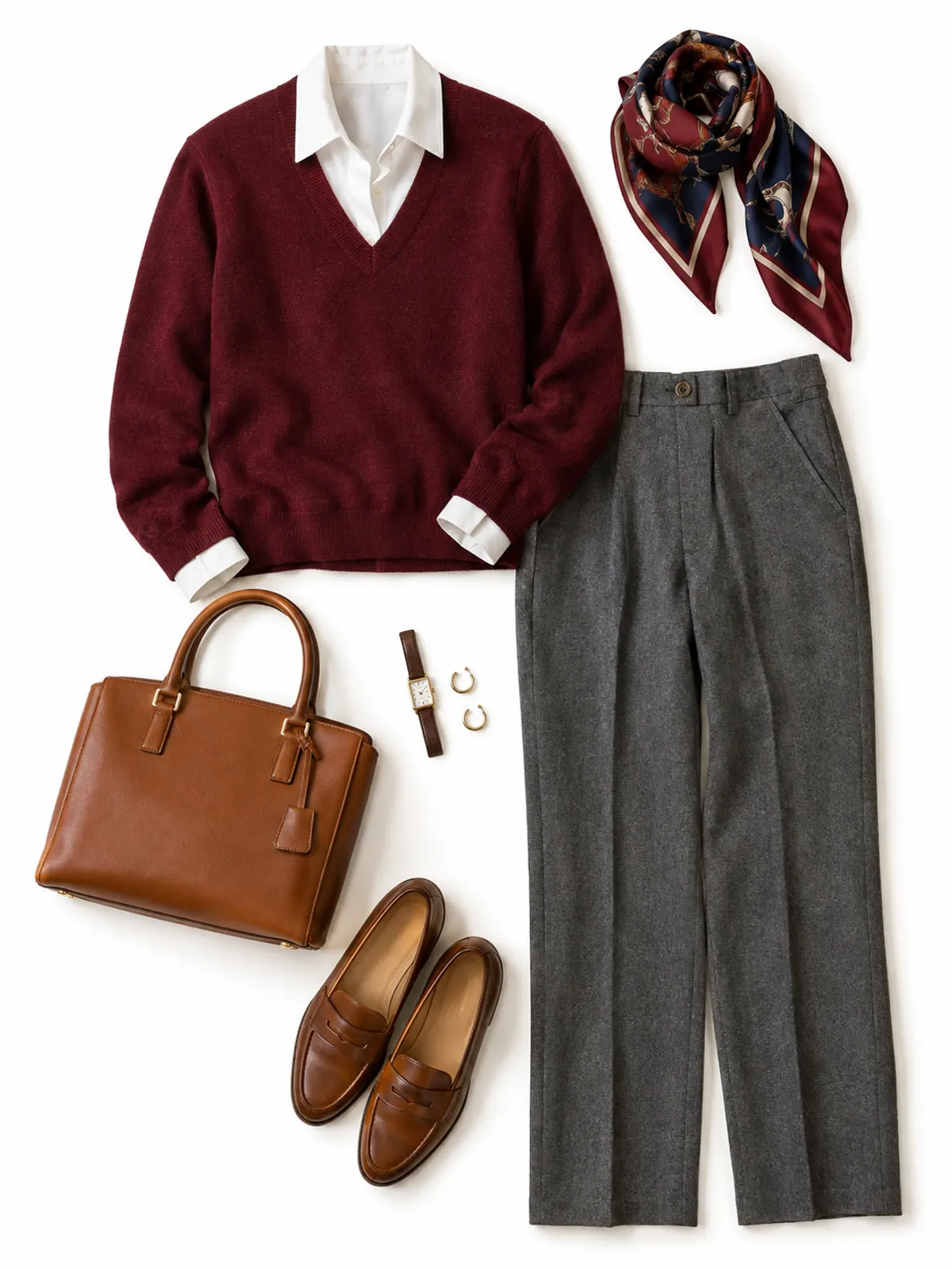 Classy fall outfit flat lay of a burgundy V-neck sweater over a white collared shirt, grey flannel trousers, cognac loafers and a silk scarf on a walnut table