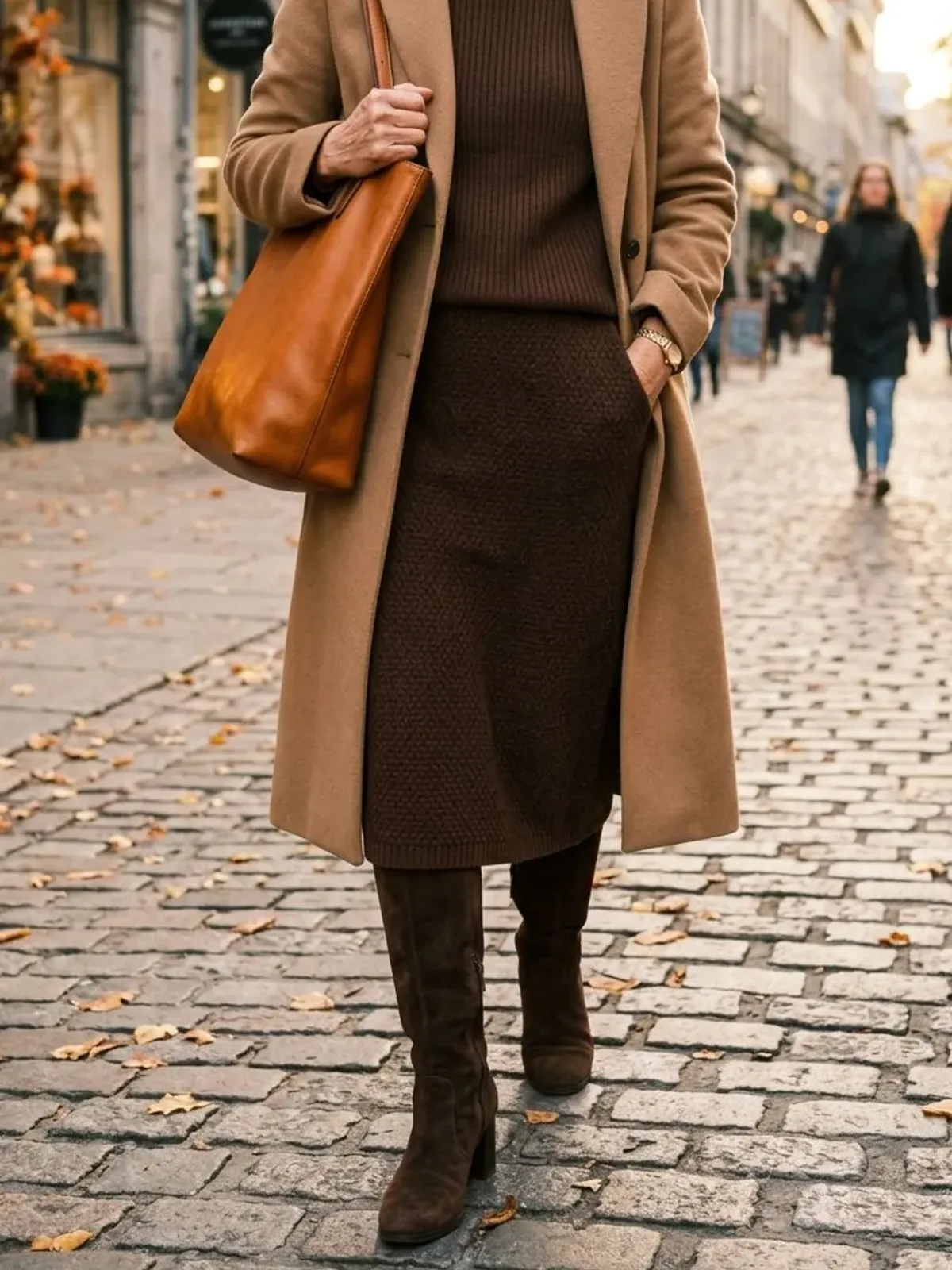 Neck-down view of a woman in her early 50s on a cobblestone street in a chocolate brown knit sweater, matching knit midi skirt, brown suede knee boots and a camel coat