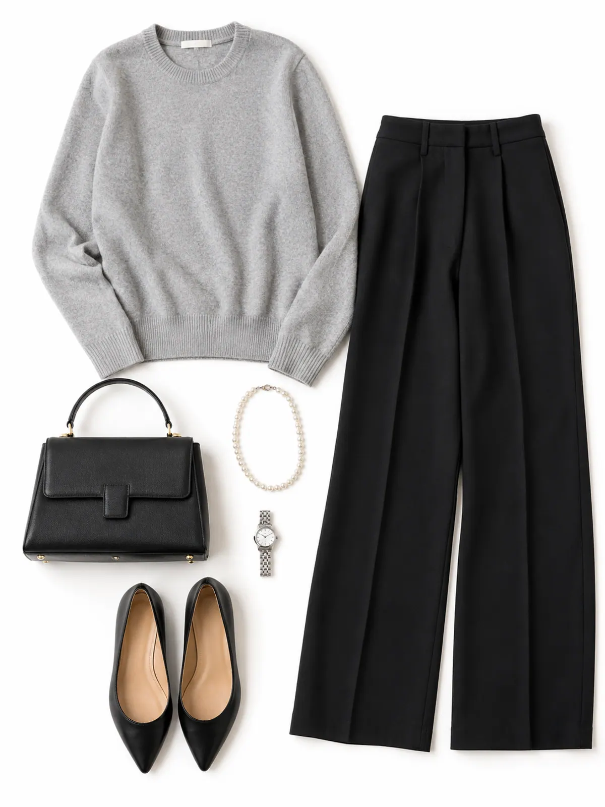 Classy everyday outfit flat lay of a heather grey crewneck sweater, black wide-leg trousers, black pointed flats, a short pearl strand and a black handbag on oak floorboards