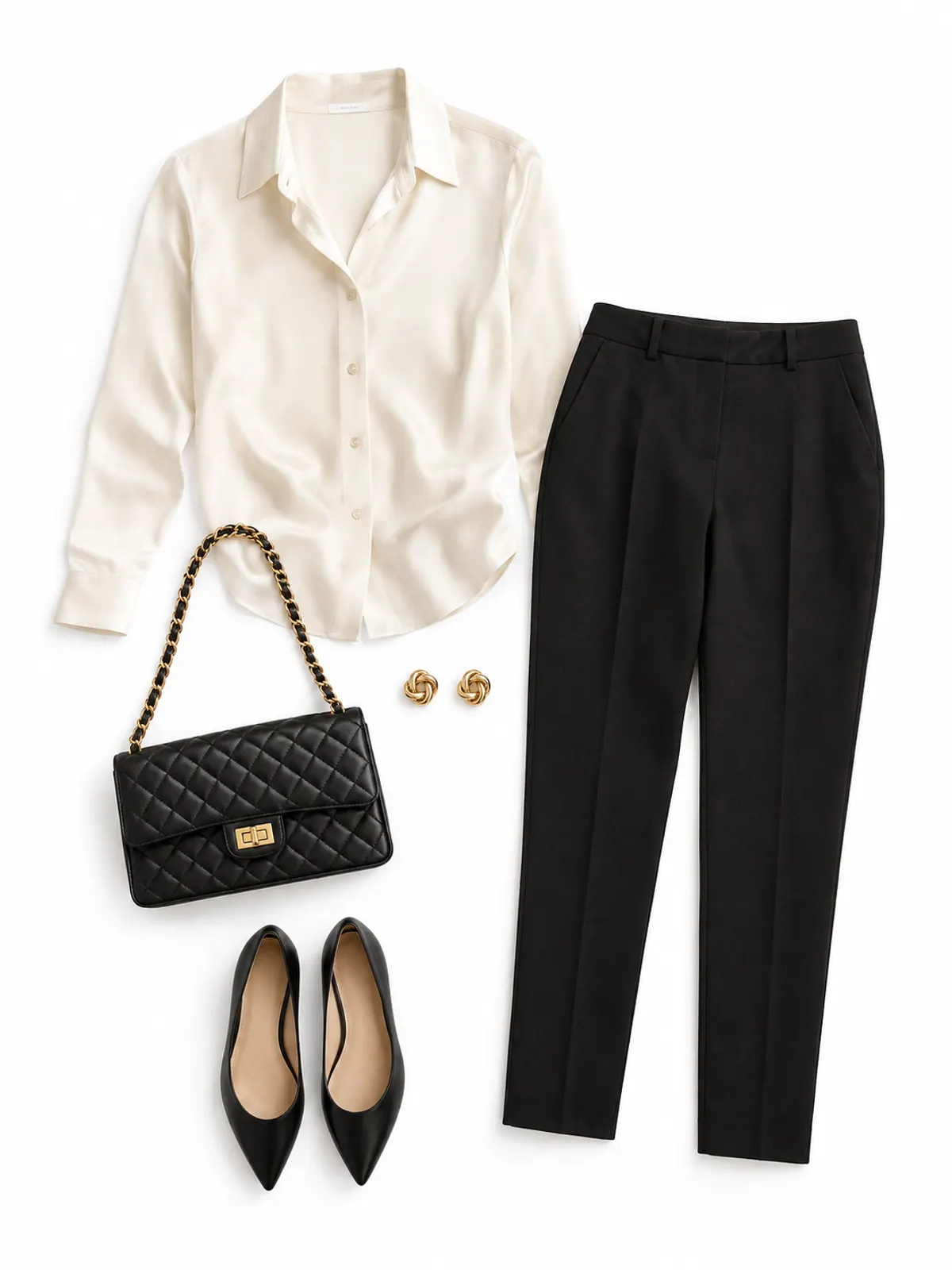 Classy work-to-dinner outfit flat lay of an ivory silk-look blouse, black slim ankle trousers, black pointed flats and a black quilted chain-strap bag on cream boucle