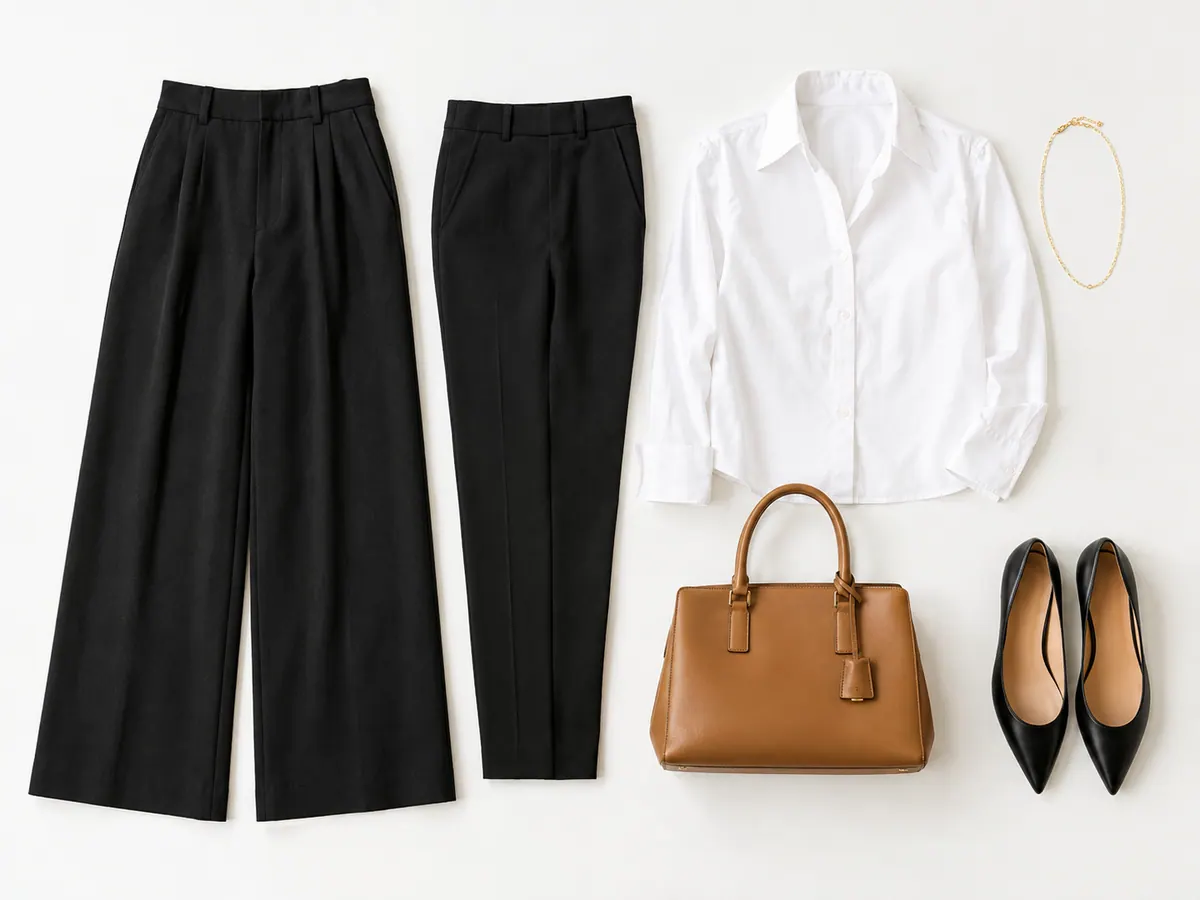 Classy outfit details side by side: wide-leg and slim black trousers, a delicate gold chain, a structured tan bag, black pointed flats and a crisp white shirt on a grey rug