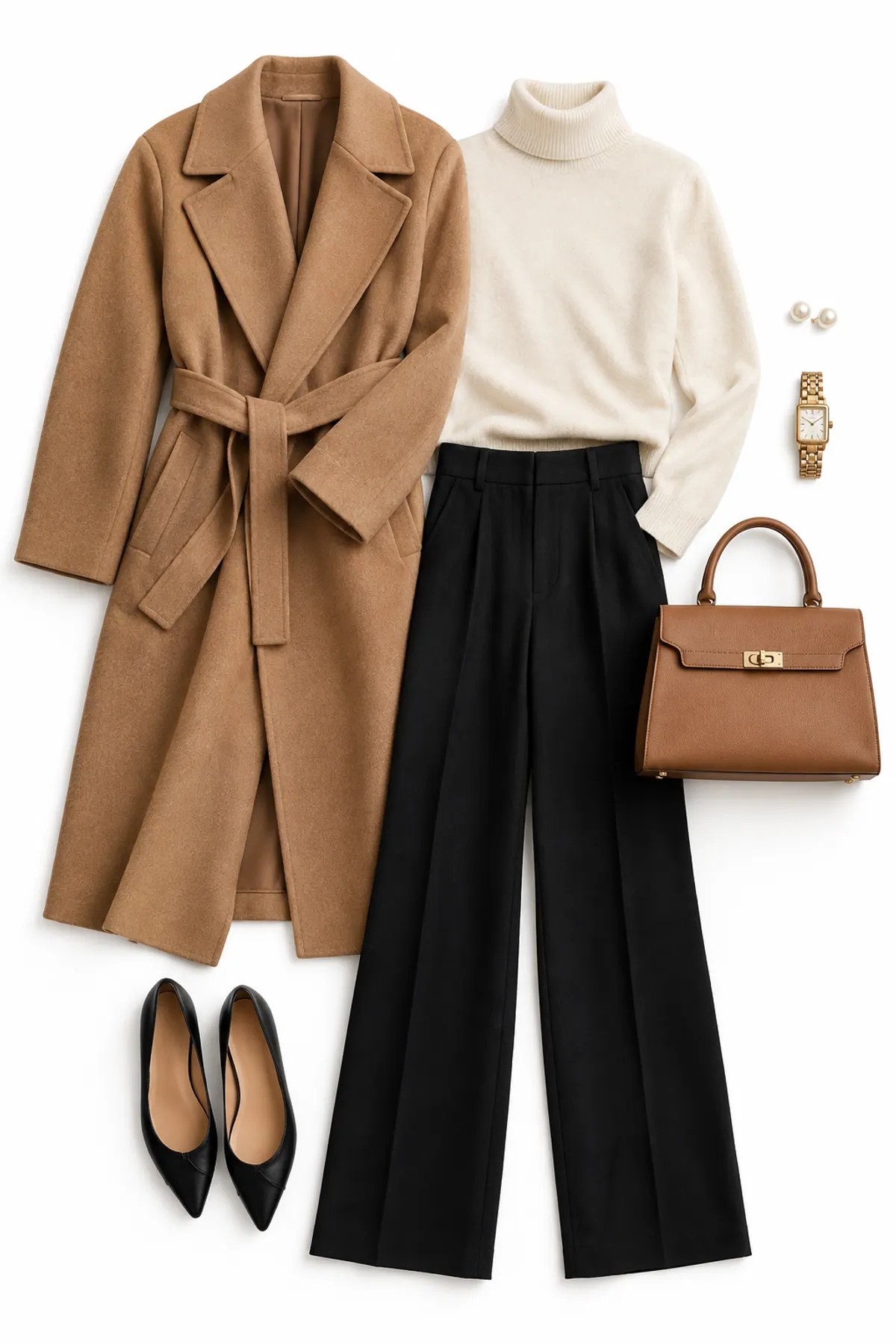 Classy outfits for women over 40 flat lay on cream linen: camel wrap coat, cream turtleneck, black wide-leg trousers, black ballet flats, tan top-handle bag, pearl studs and a gold watch