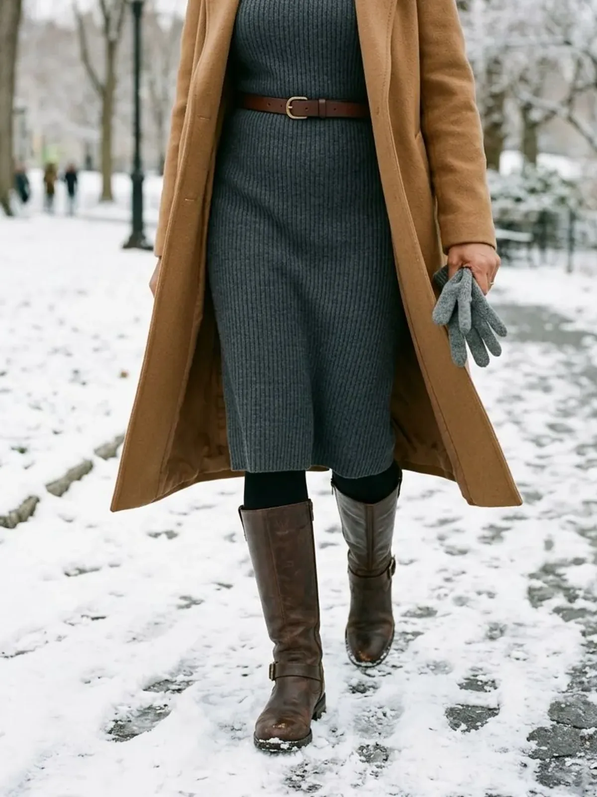 Neck-down view of a woman in her late 40s in a snowy park wearing a charcoal ribbed knit midi dress with a thin brown belt, a camel coat and brown knee-high boots